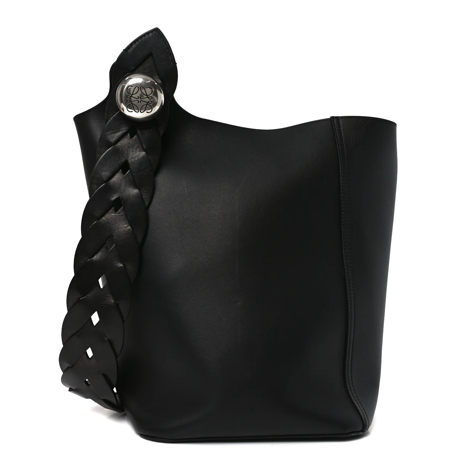 Smooth Calfski Large Woven Pebble Bucket Bag Black