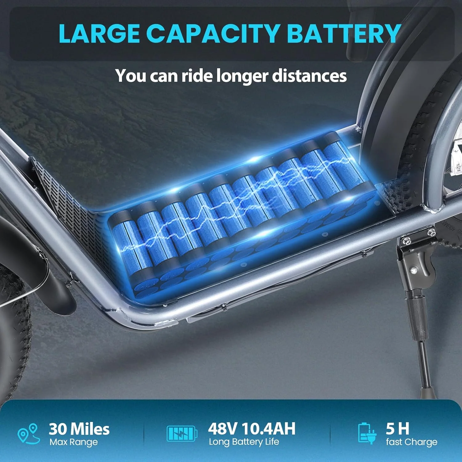 Trottinette électrique pliable Caroma Peak 800W pour adultes, avec pneus de 20 pouces de large, batterie 48V, panier et siège réglable.