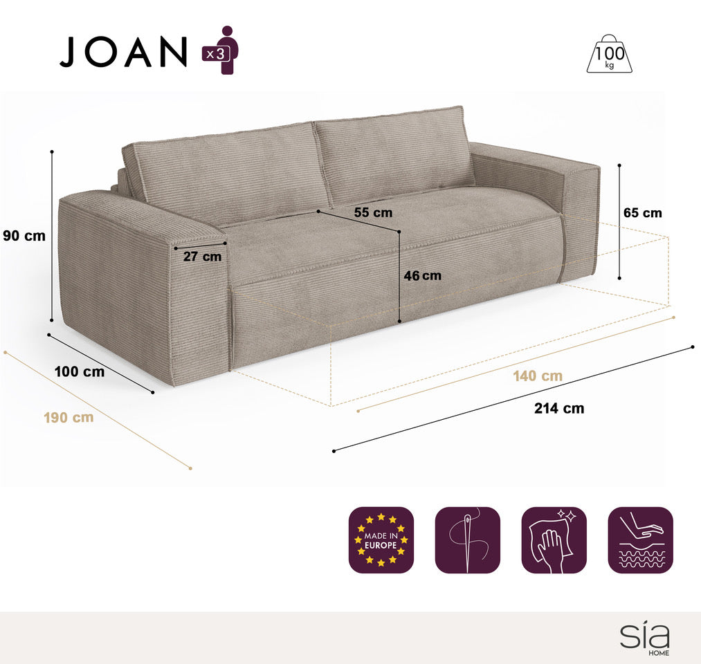 Rechte bank JOAN 3 personen Fluweel Antraciet