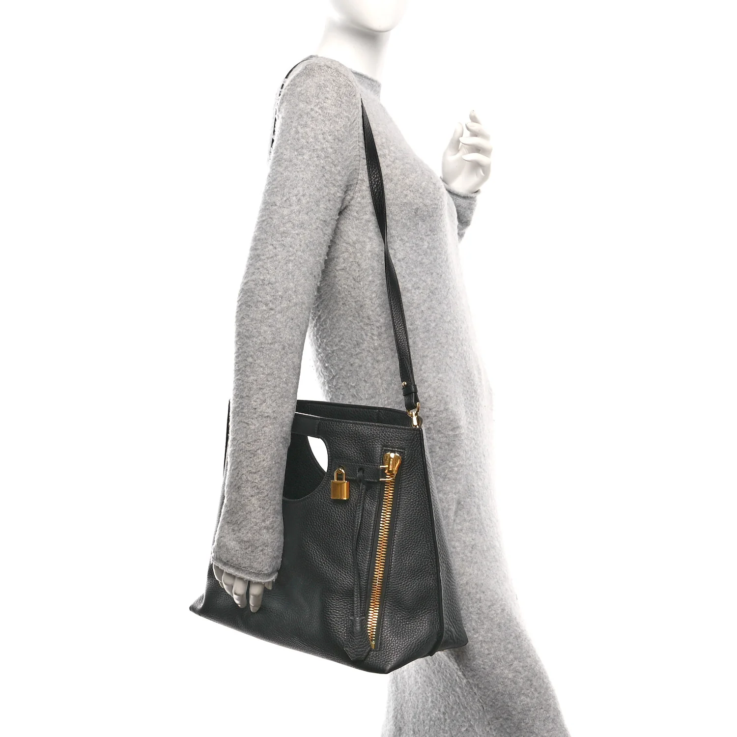 Pebbled Calfskin Alix Padlock Foldover Bag Black