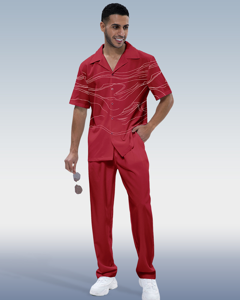 Combinaison de marche à manches courtes rouge à imprimé artistique pour homme Suitmens