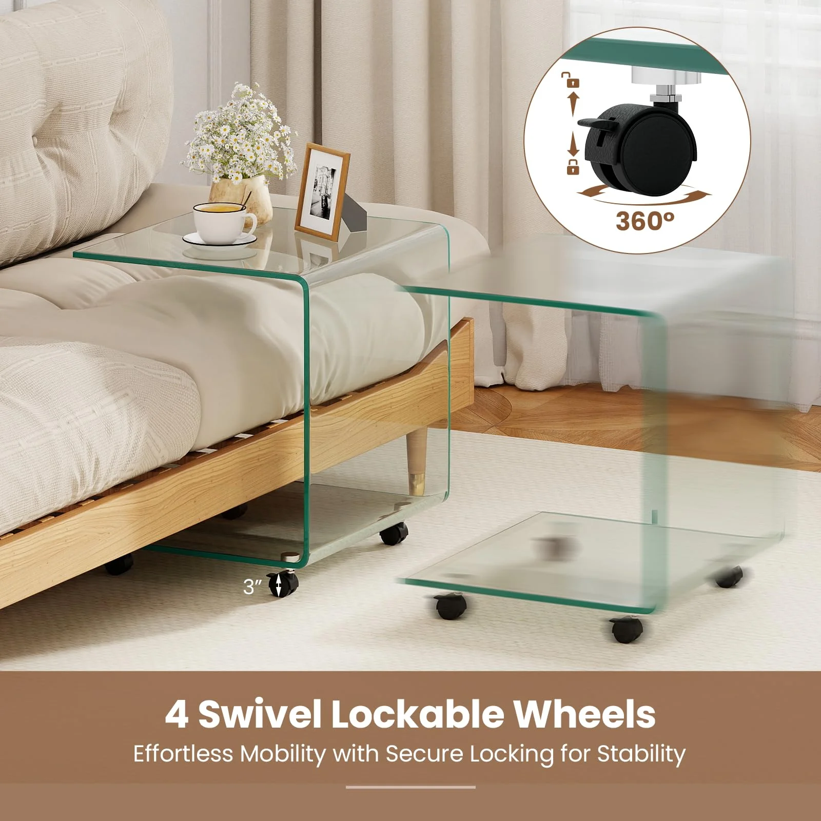 Tangkula Modern C-Shaped Tempered Glass Side Table