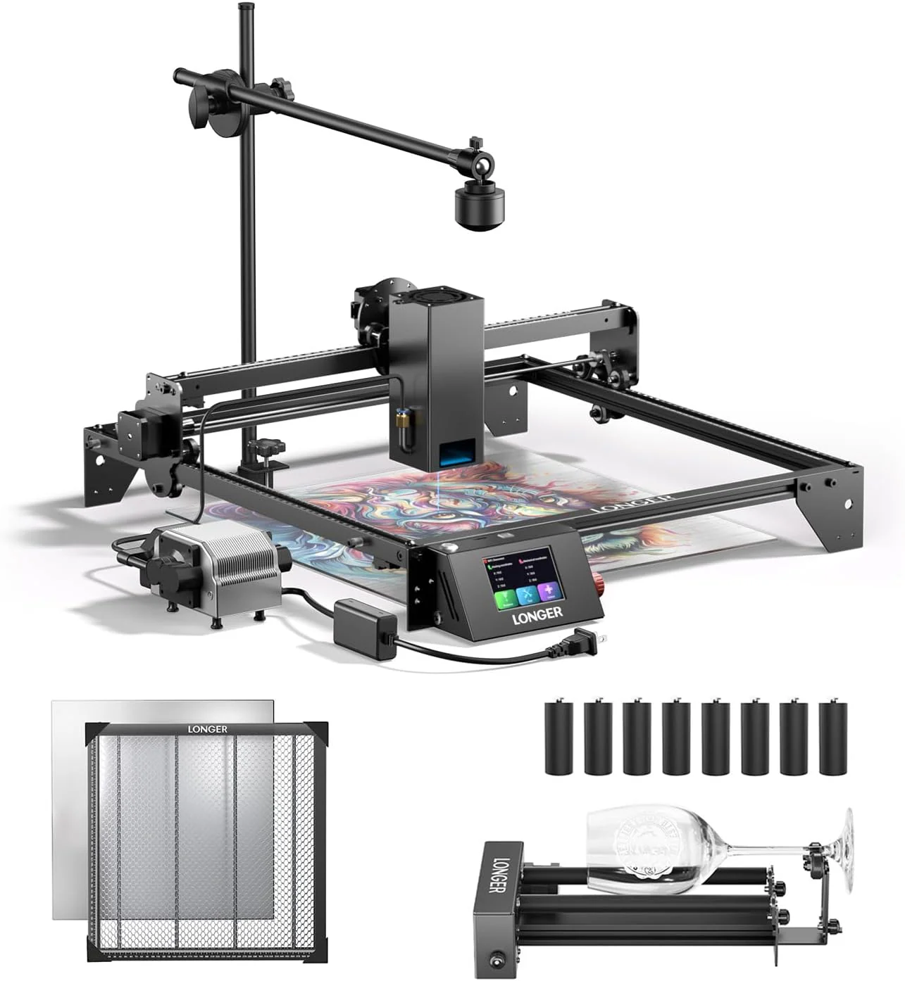 Découpeuse et graveuse laser RAY5 20W de plus, pour gobelets, avec rouleau rotatif, plateau de travail alvéolé de 44 x 44 cm, kit caméra et pompe à air. Graveuse laser pour bois, métal et acrylique.