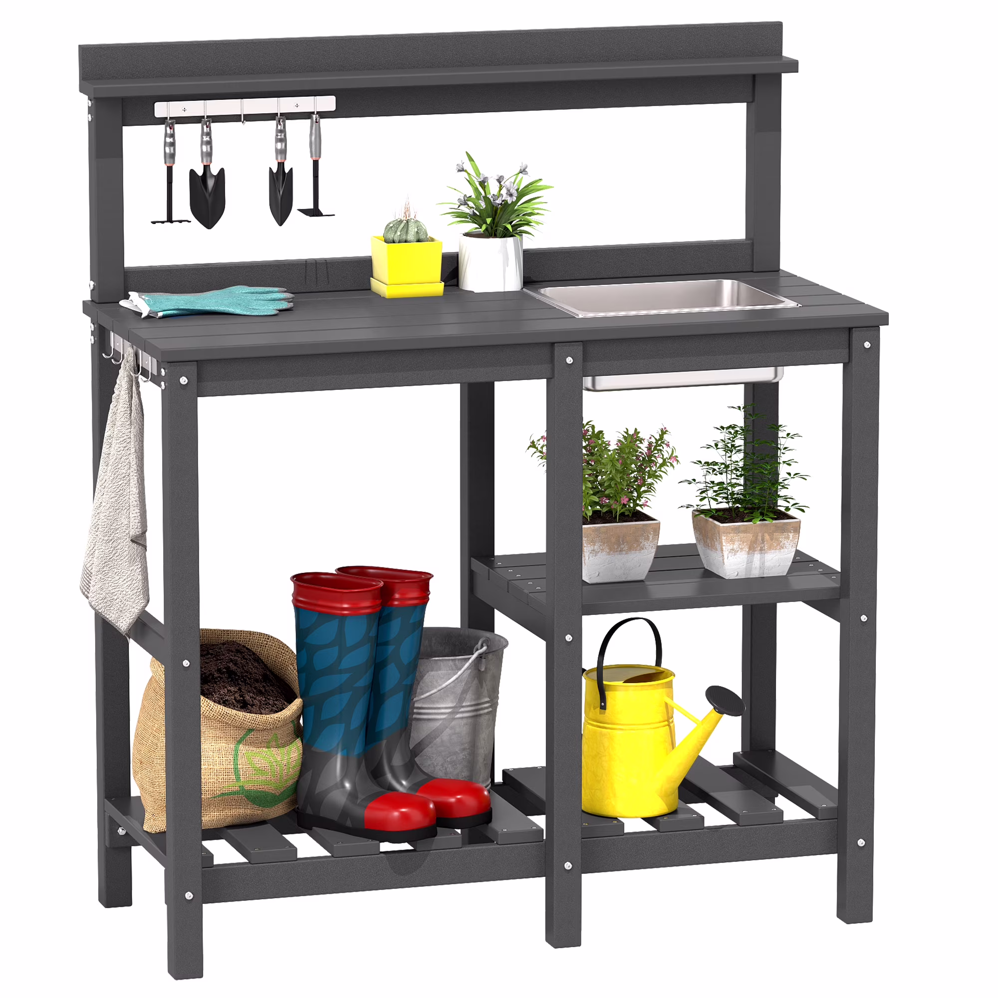 FOOWIN HDPE Outdoor Potting Table, Garden Potting Bench Table with Sink, Gray