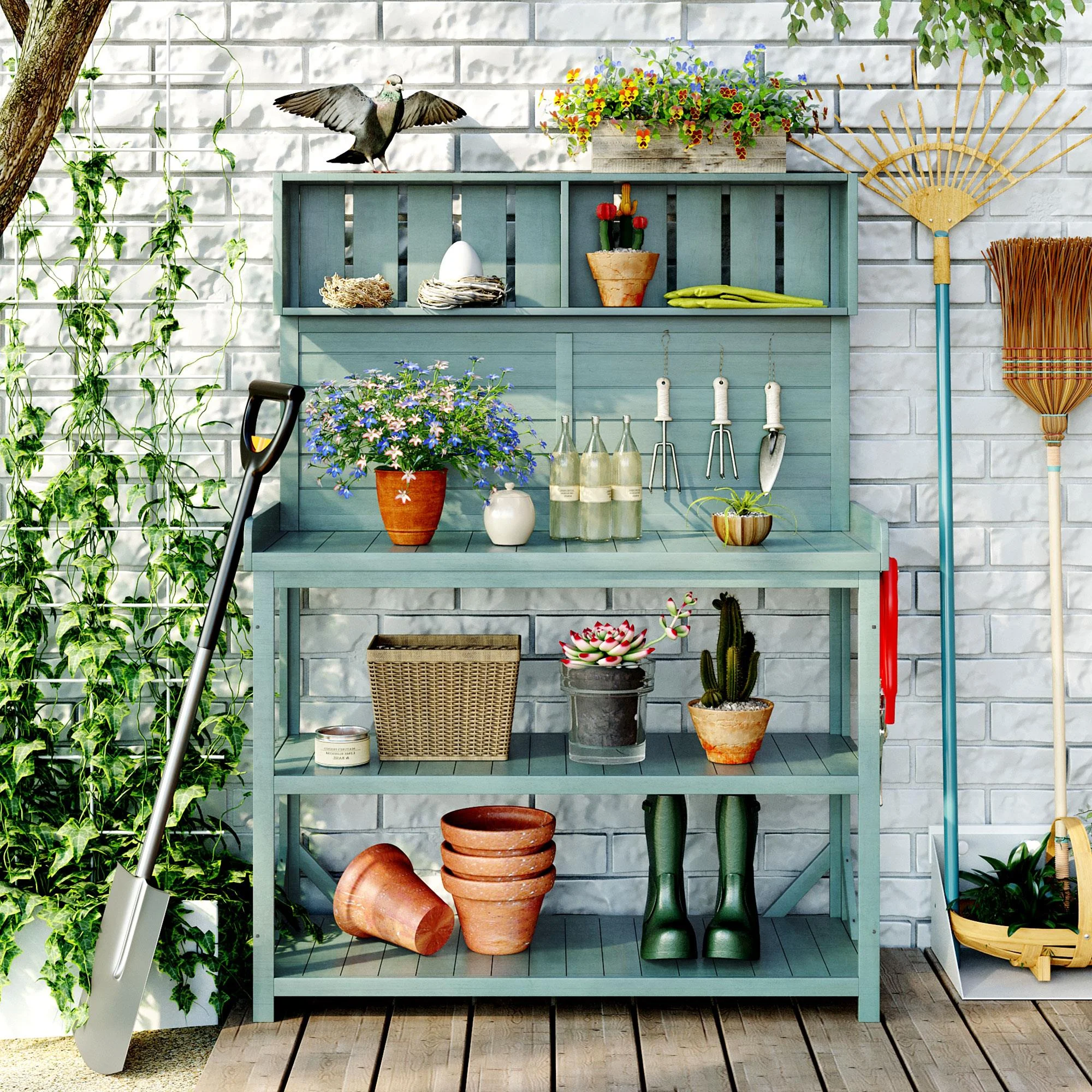 65" Large Wooden Farmhouse Rustic Outdoor Potting Bench Table, Patio Workstation, Garden Potting Bench with 4 Storage Shelves and Side Hook,Green - Image 2