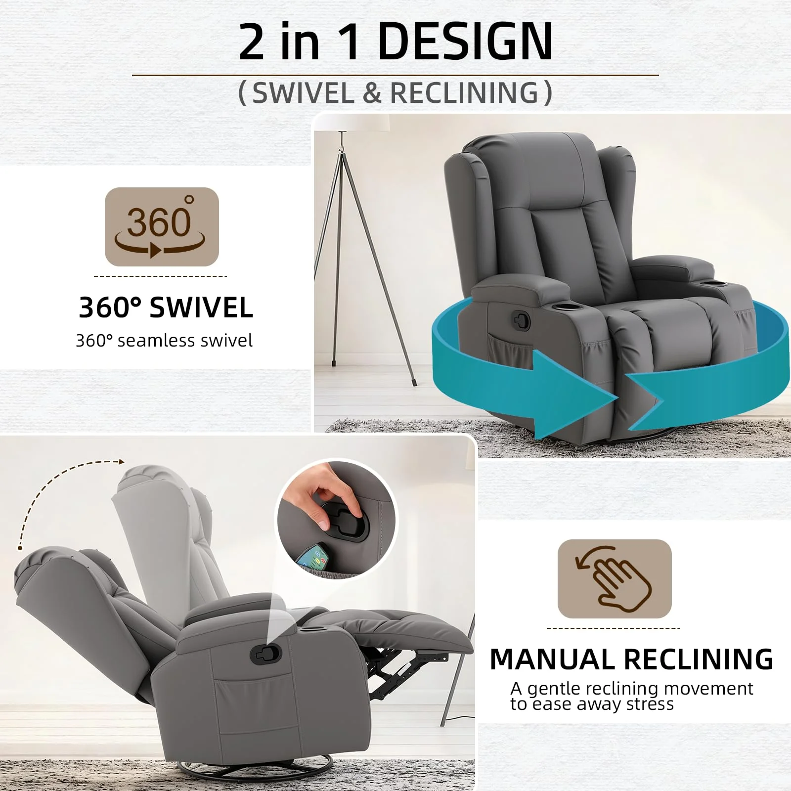 AECOJOY Recliner Chair with Massage and Heat, 360° Swivel Rocking, Grey