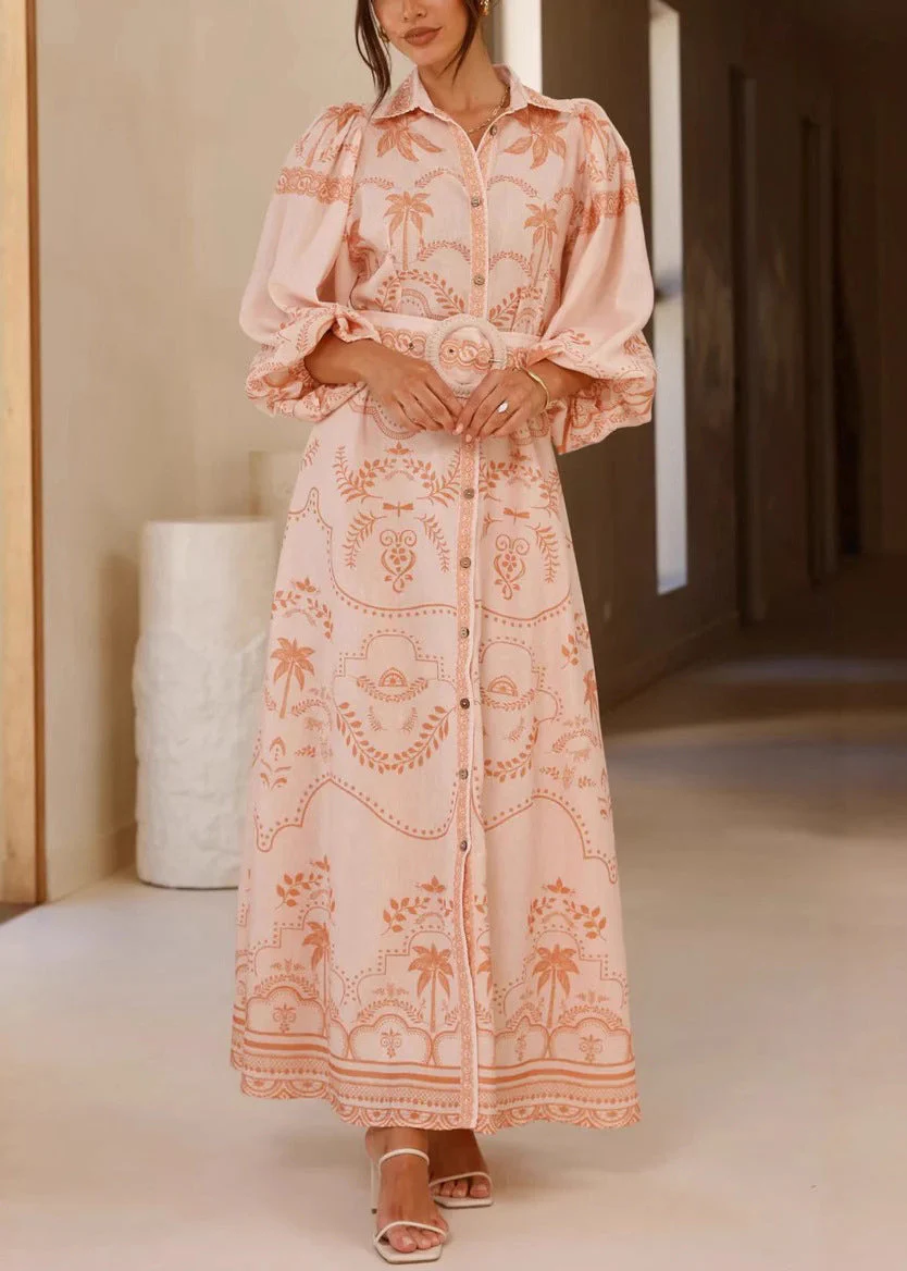 Sophie Paris I Robe chemise en lin imprimé rose avec manches ballon et ceinture à nouer