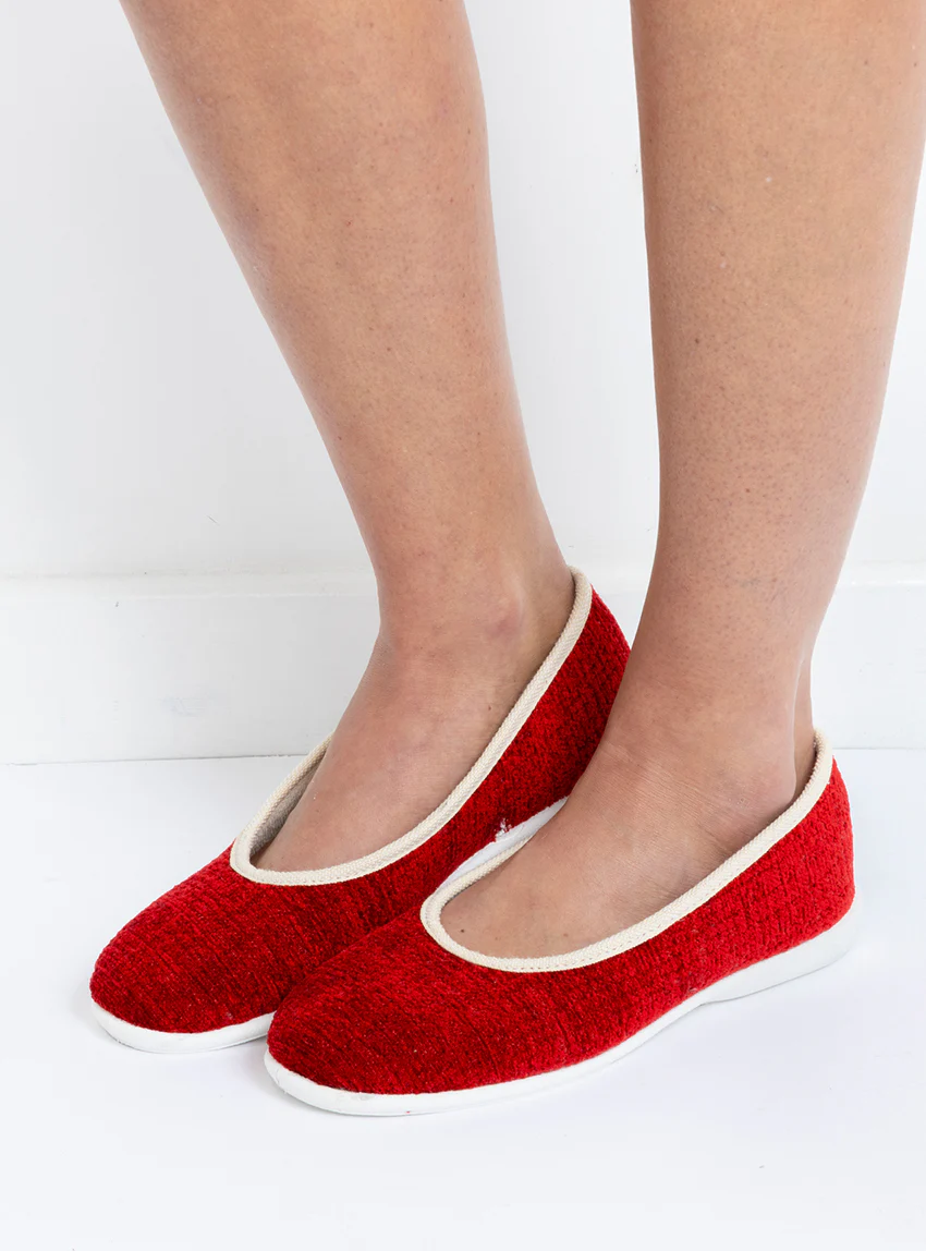 Chaussons ballerines femme intérieur coton rouge