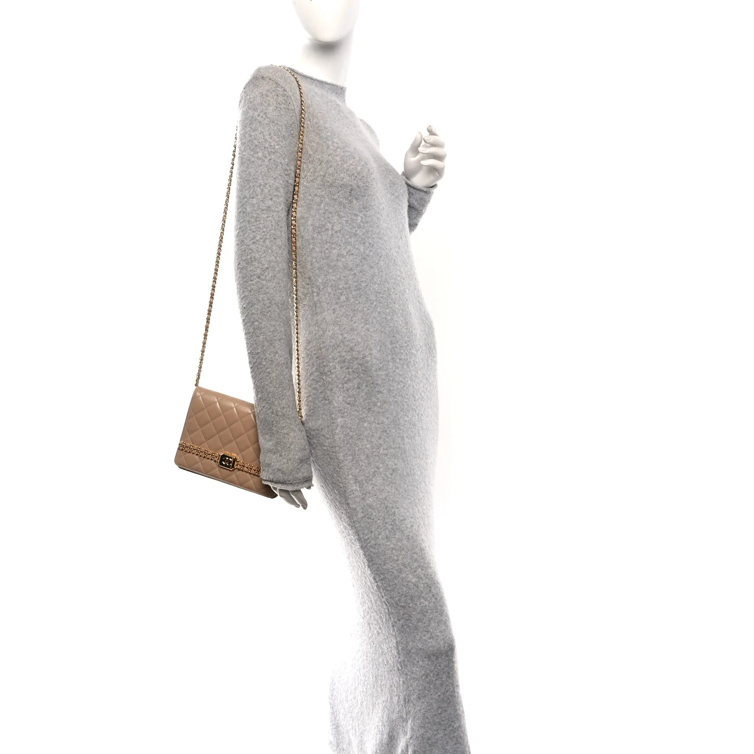 Shiny Aged Calfskin Quilted Clutch With Chain Dark Beige