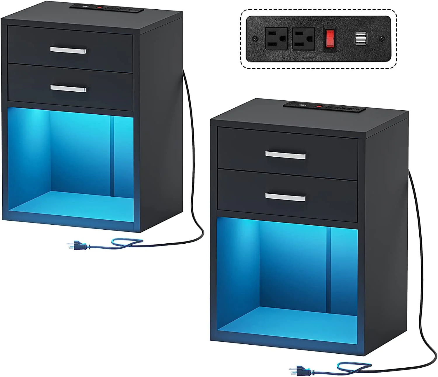Set of 2 LED Nightstands with Charging Station, Modern Bedside Table with 2 Drawers, Black(Black) - Image 8