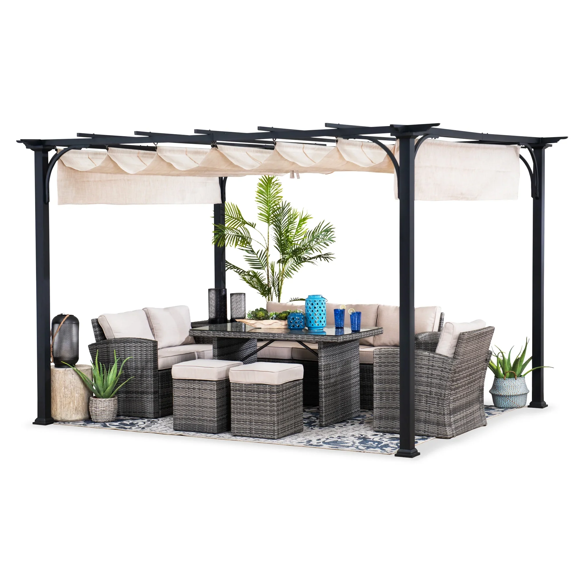Sunjoy Outdoor Pergola 9 x 12 ft. Patio Black Steel Frame Pergola with Retractable Beige Canopy Shade for Backyard, Garden Activities