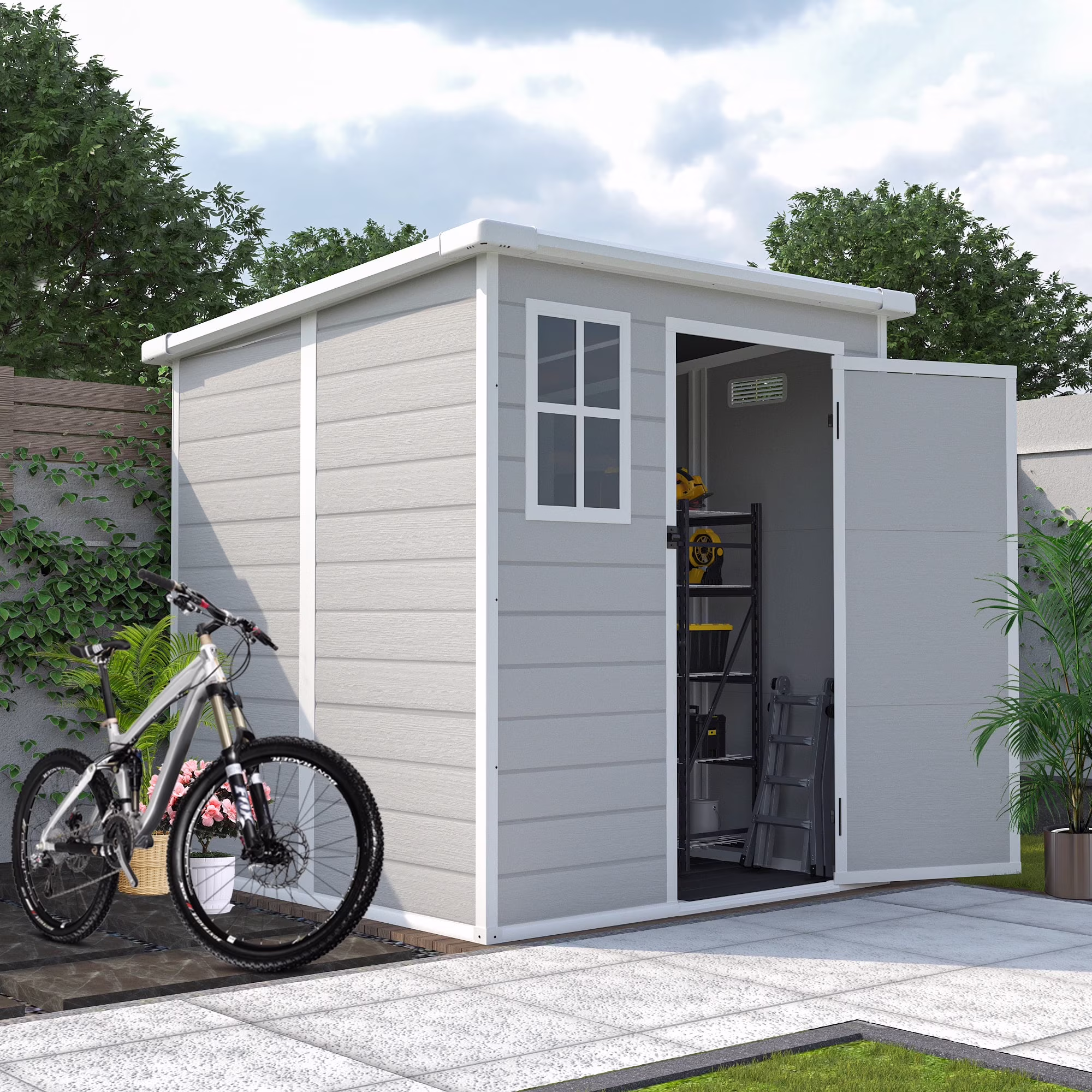 Shed and Outdoor Storage, 41 Cu.Ft Small Outdoor Resin Shed with 3 Doors Floor, 306GAL Deck Box Waterproof Plastic Tool Storage Shed for Cushion Lawn Mower Garbage Cans(Gray) - Image 3