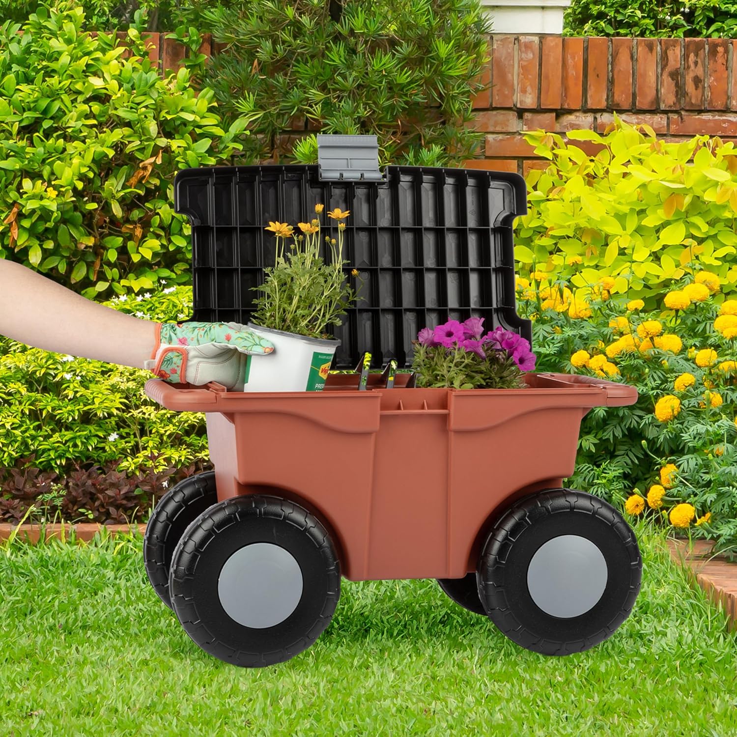 Pure Garden Rolling Garden Cart with Seat, Terracotta