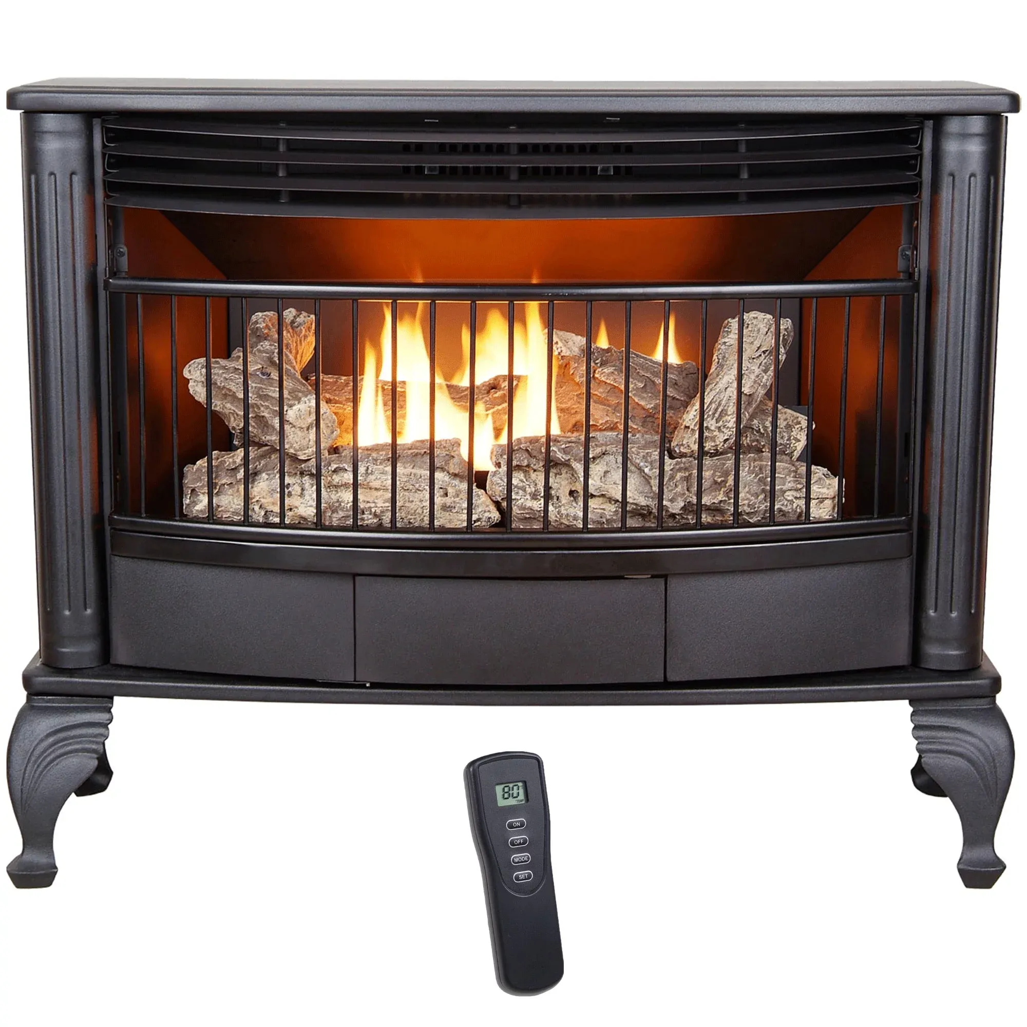 Poêle à gaz double combustible sans conduit Procom 2025 - 25 000 BTU, télécommande, finition noire - Modèle : QNSD250RT