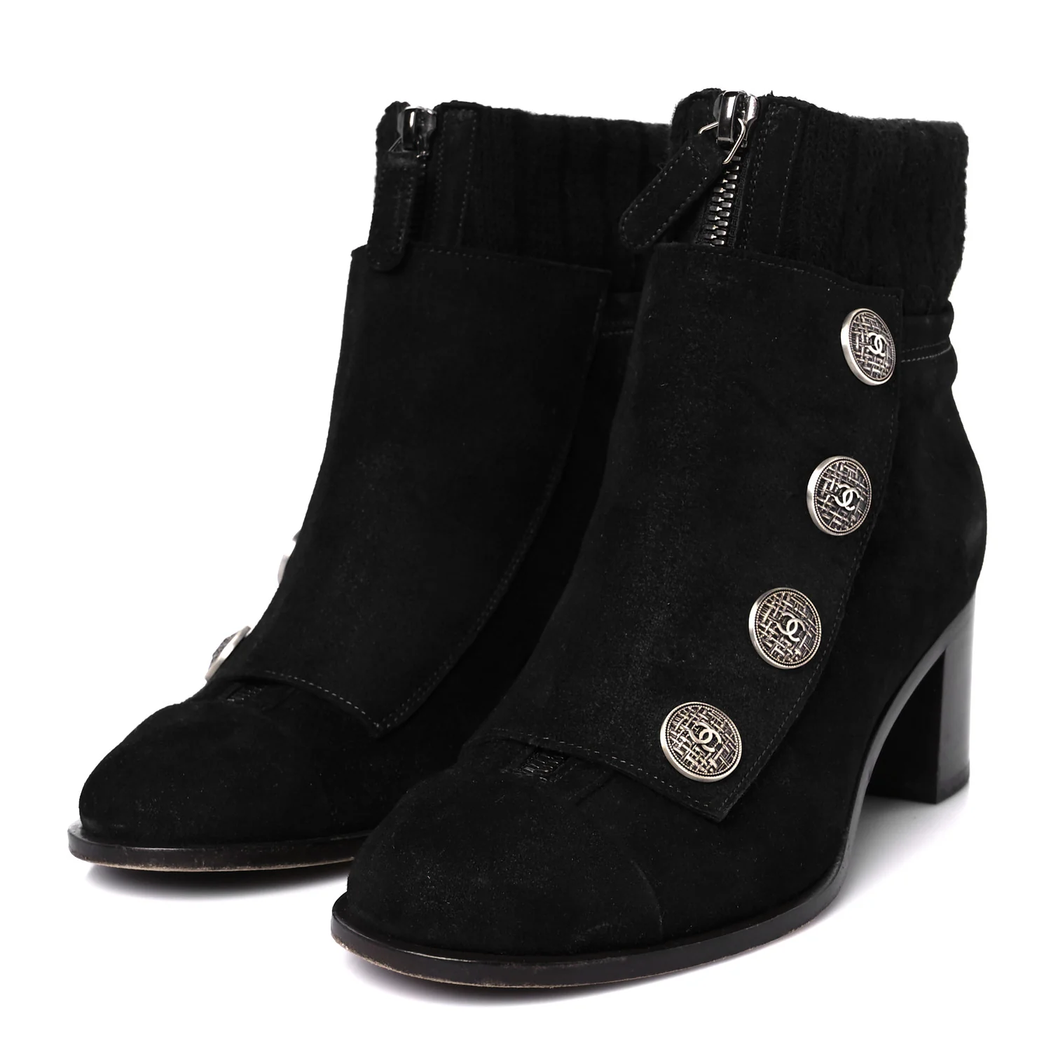 Suede Calfskin Knit Button Ankle Boots 36.5 Black