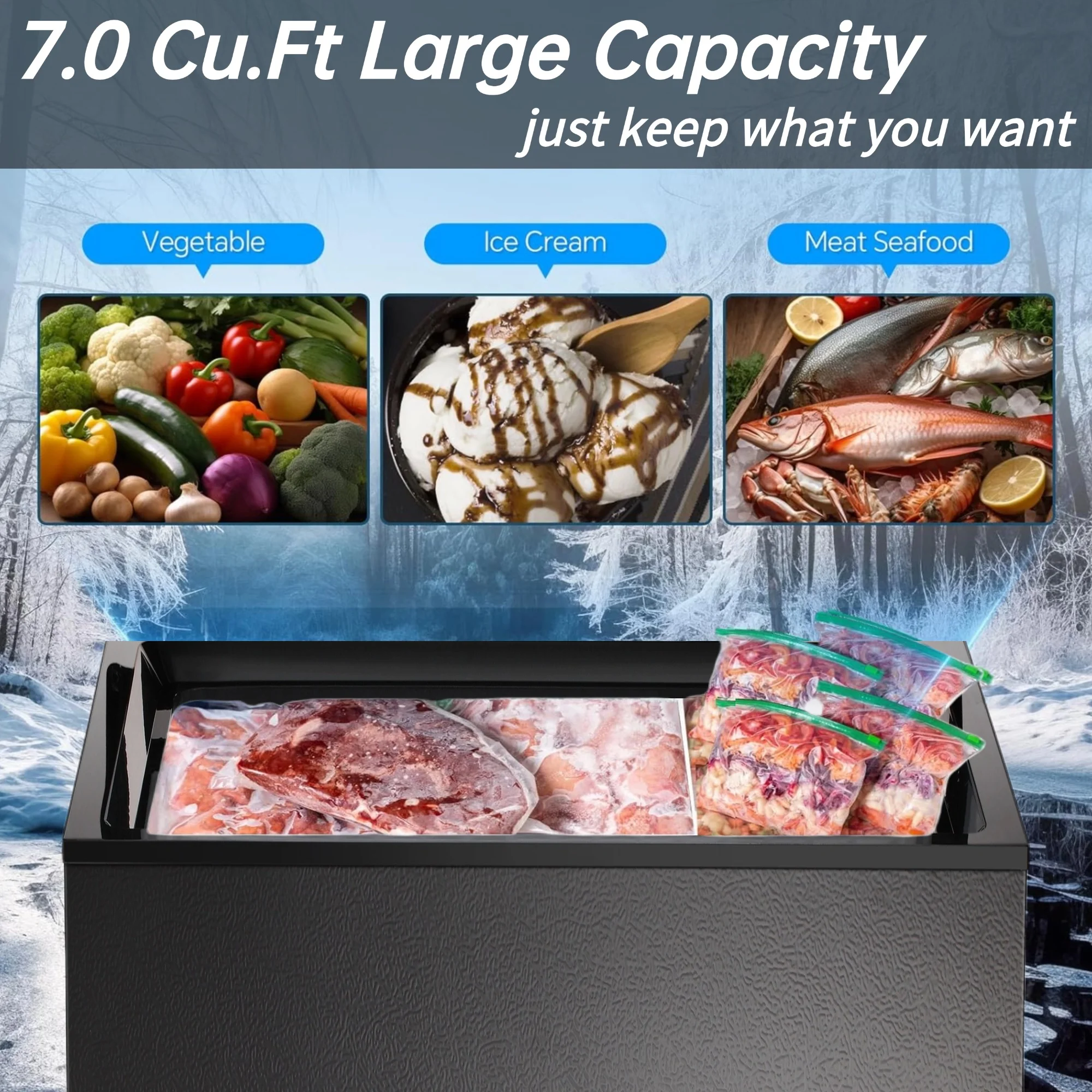 7.0 cu. ft. Chest Deep Freezer with Adjustable Temperature, Free Standing Top Open Door Compact Freezer with 3 Removable Basket for Kitchen, Home, Bar, Garage, Office(7 cu ft) - Image 7