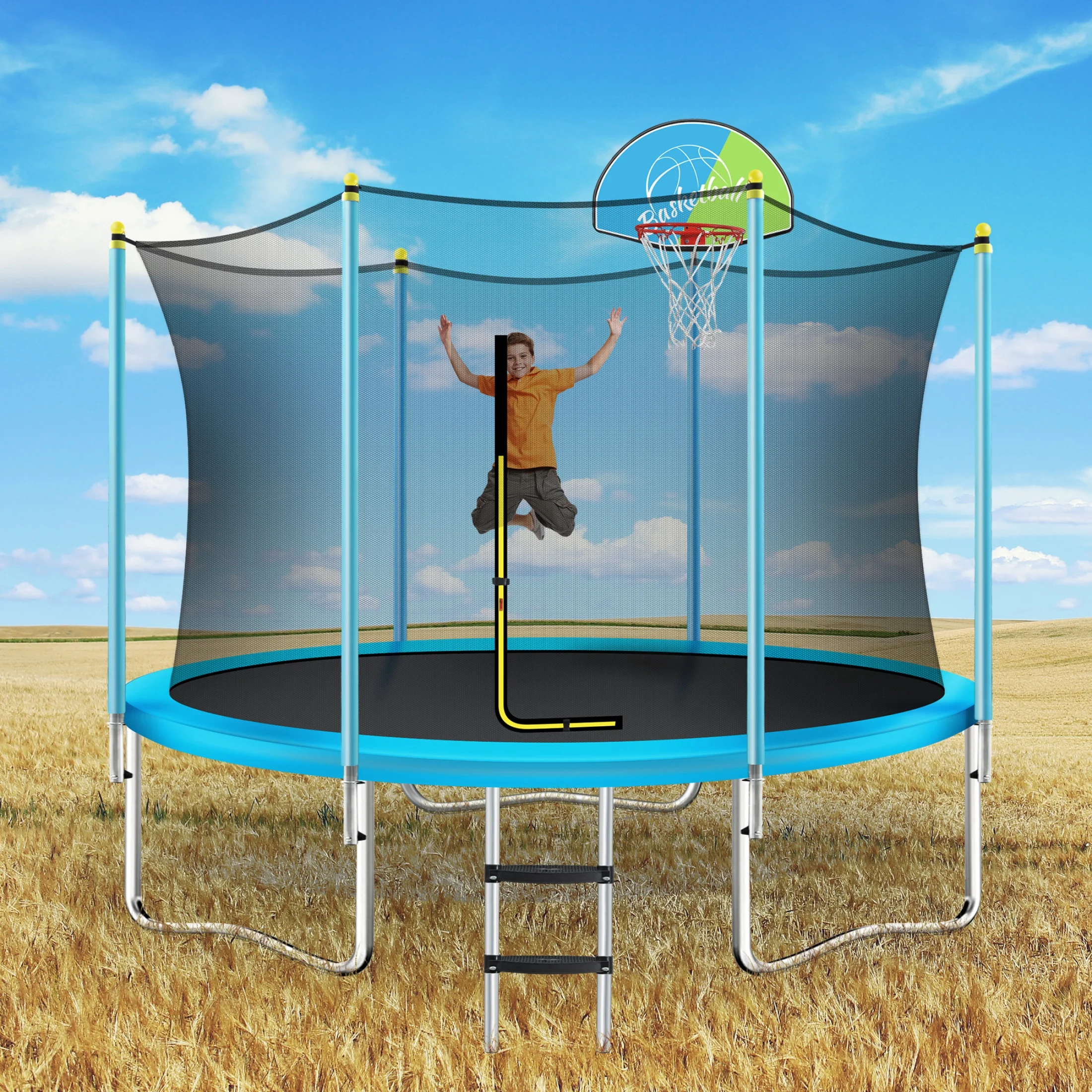 Noble House 8FT Outdoor Trampoline for Kids with Safety Enclosure Net, Basketball Hoop  Ladder, Blue(Blue)