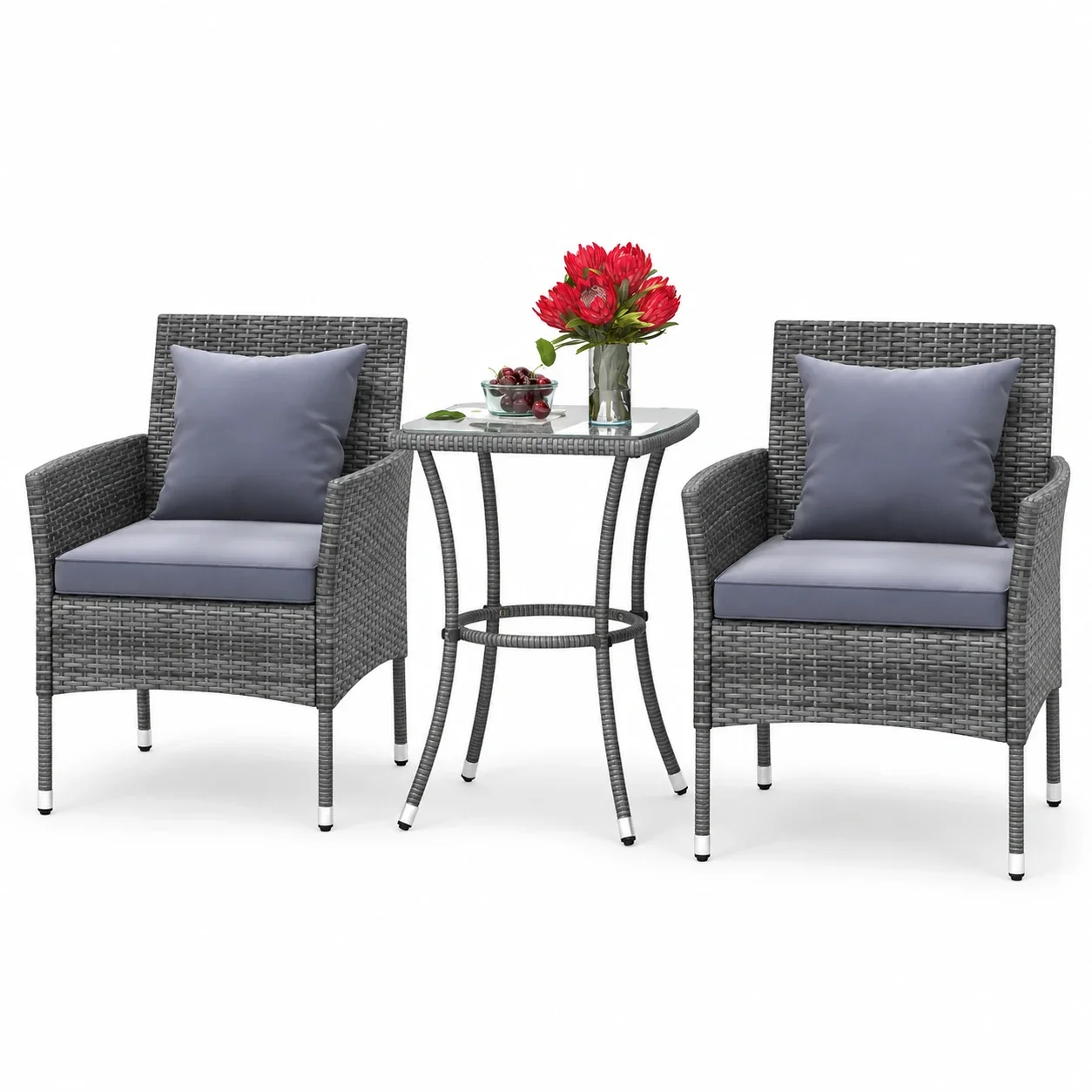 Gymax 3-Piece Patio Furniture Set PE Wicker Conversation Bistro Set w/ A Tempered Glass Table Mix Gray