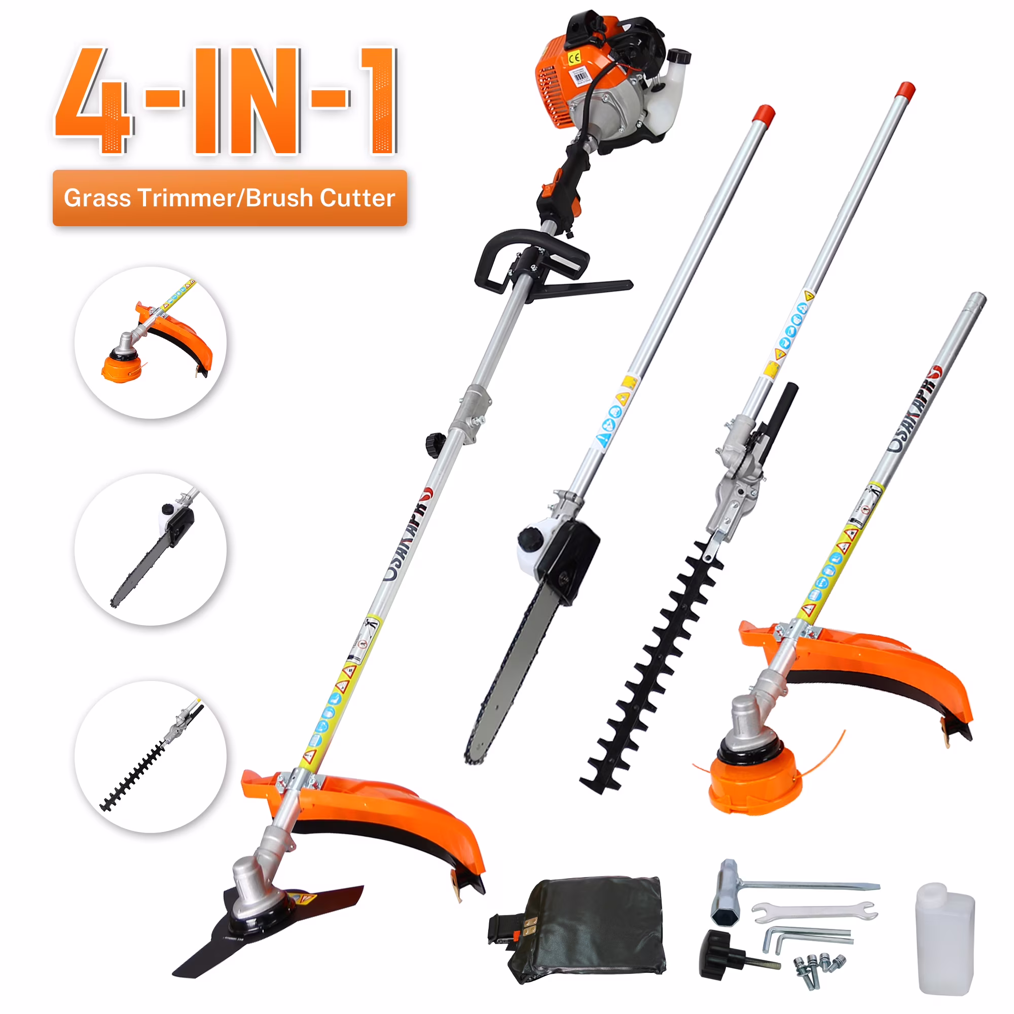 52cc Gas Powered Weed Eater, 4-in-1 Grass Trimmer with Gas Pole Saw, Hedge Trimmer, Grass Trimmer, Brush Cutter, 2-Cycle Full Crankshaft Grass Edger Lawn Mower for Yard Garden, Orange(4 in 1/52CC)