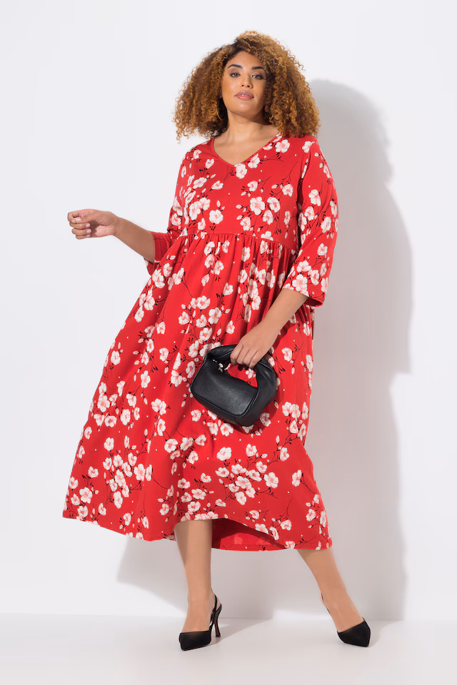 Floral Print Empire V-Neck A-line Swing Pocket Knit Dress