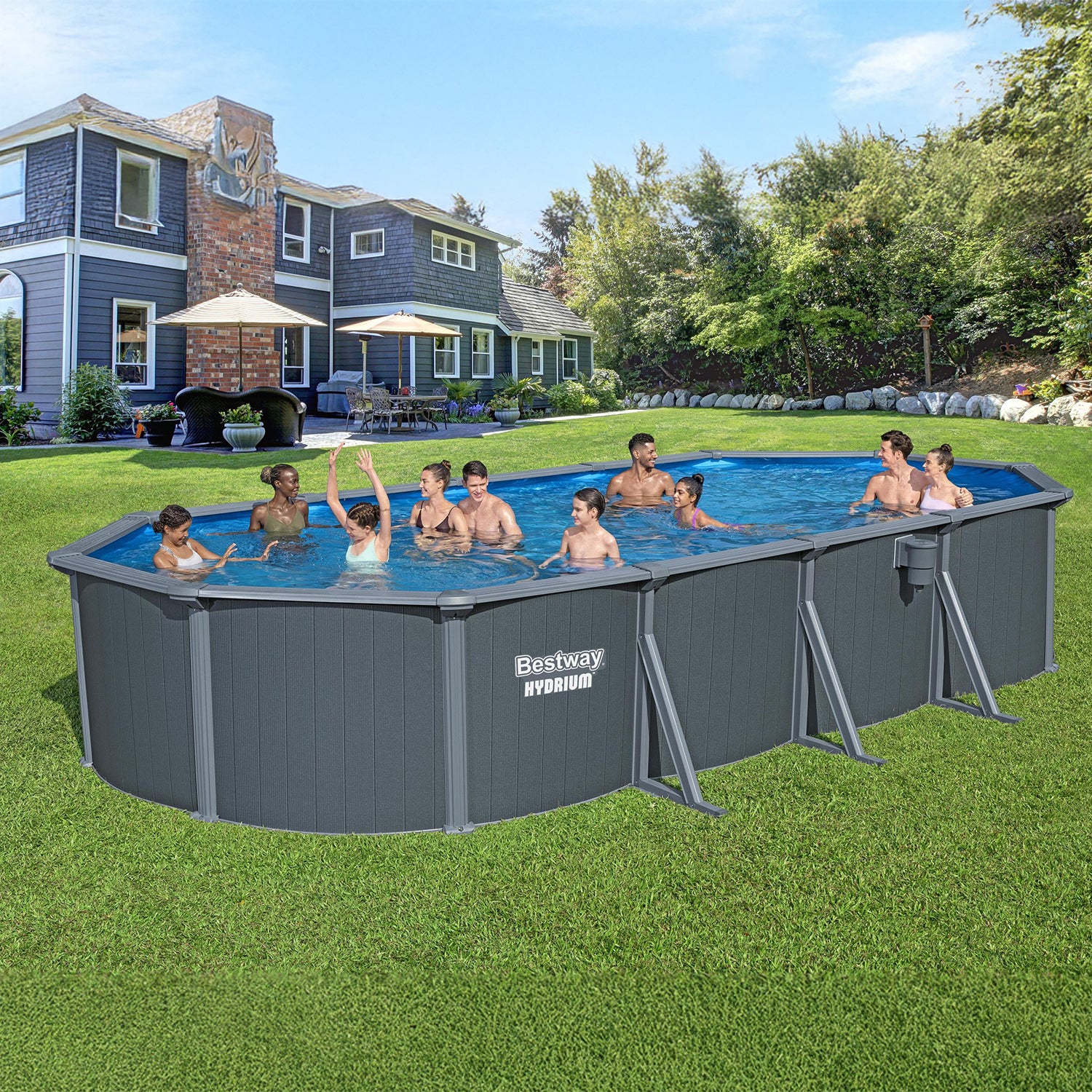 BESTWAY - Piscina fuori terra Ovale Hydrium™ Grigia Effetto Legno altezza 122x732x366 cm