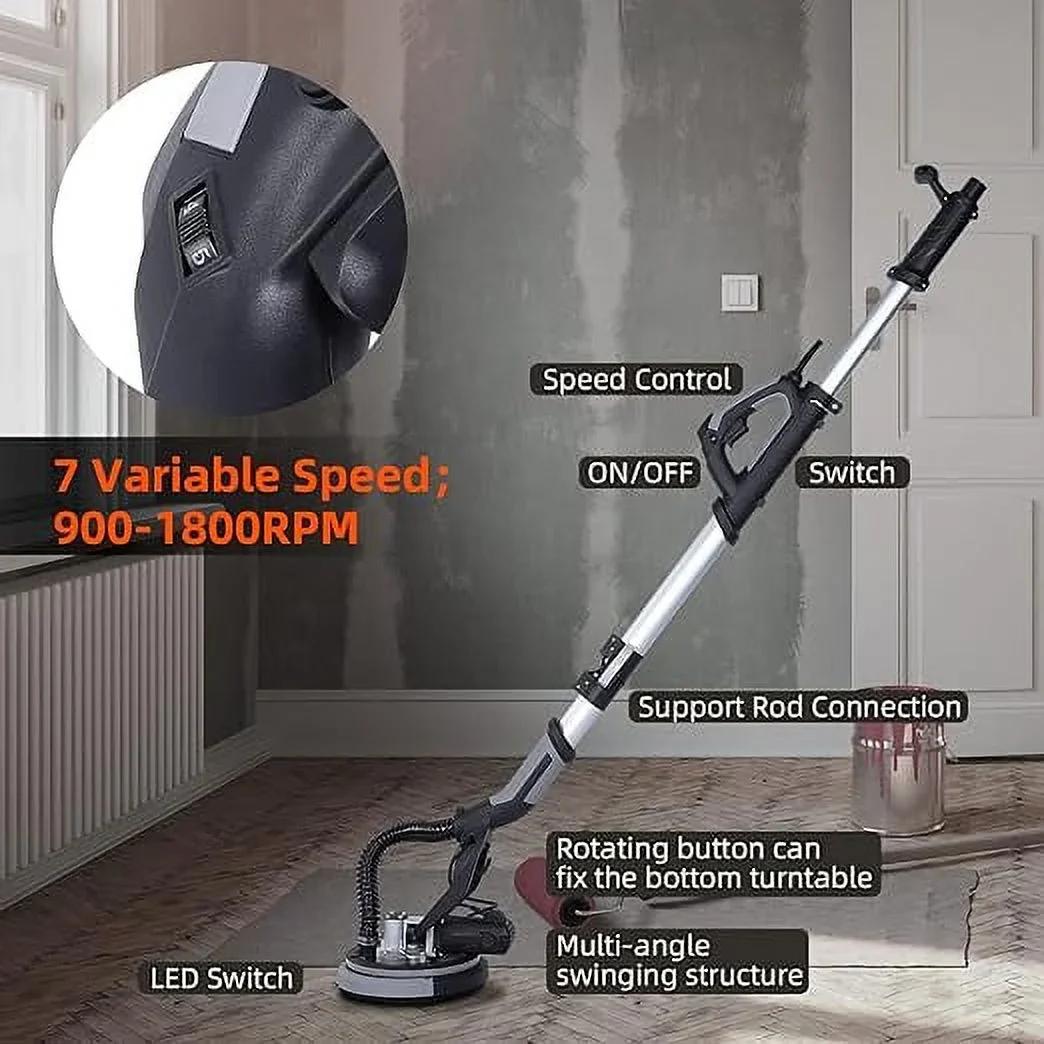 Garvee Drywall Sander,750W Electric Drywall Sander 7 Variable Speed 900-1800 RPM Sander with LED Light, 14 Pcs Sanding discs, Extendable Handle, Dust Hose, Storage Bag