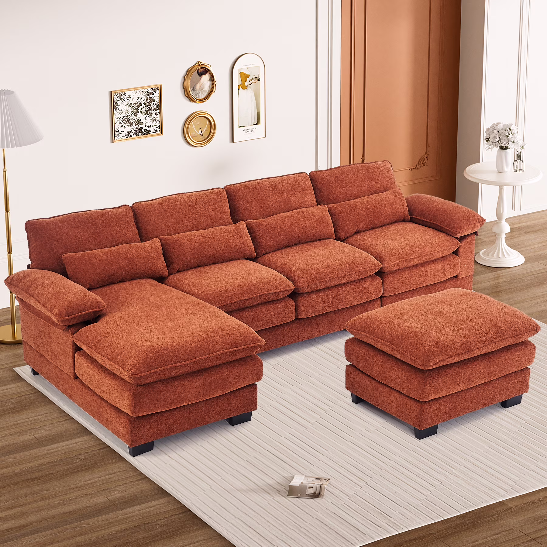 114.3" U Shaped Sectional Couches for Living Room,Cloud Couch,4 Seats Chenille Couch with Double Layer Cushion,Orange(Orange)