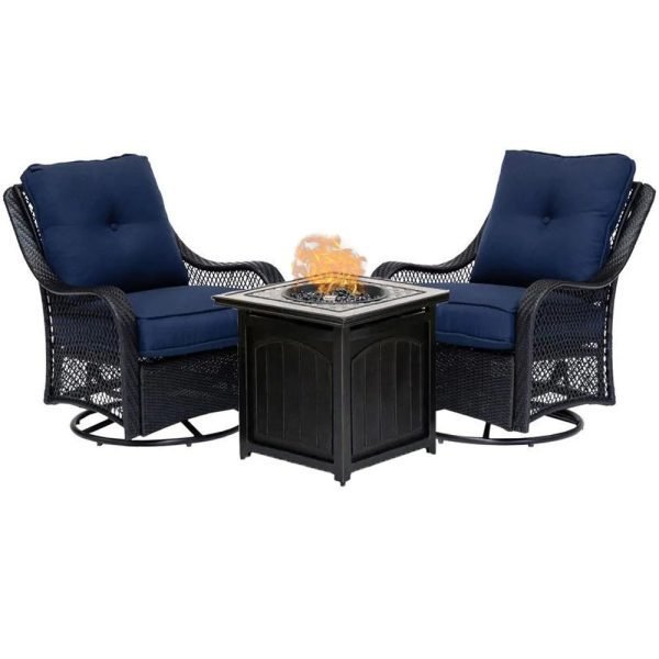 💥Liquidation🔥Ensemble de conversation 5 pièces en acier avec foyer extérieur, coussins bleu marine, fauteuils pivotants et table de foyer carrée