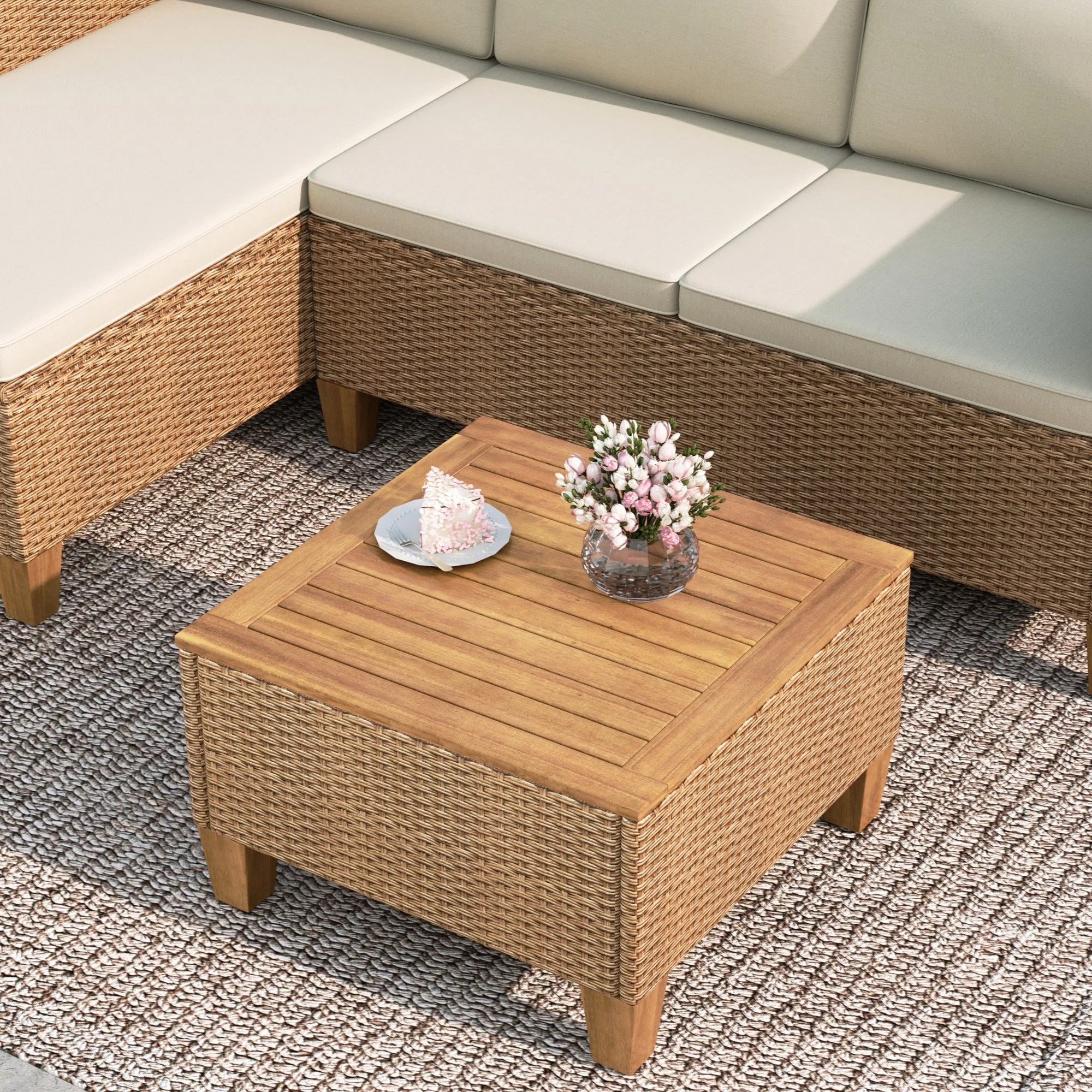 3-Piece Patio Furniture Conversation Set, All-Weather Wicker Outdoor Sectional Sofa Set with Table Cushions, Beige - Image 3