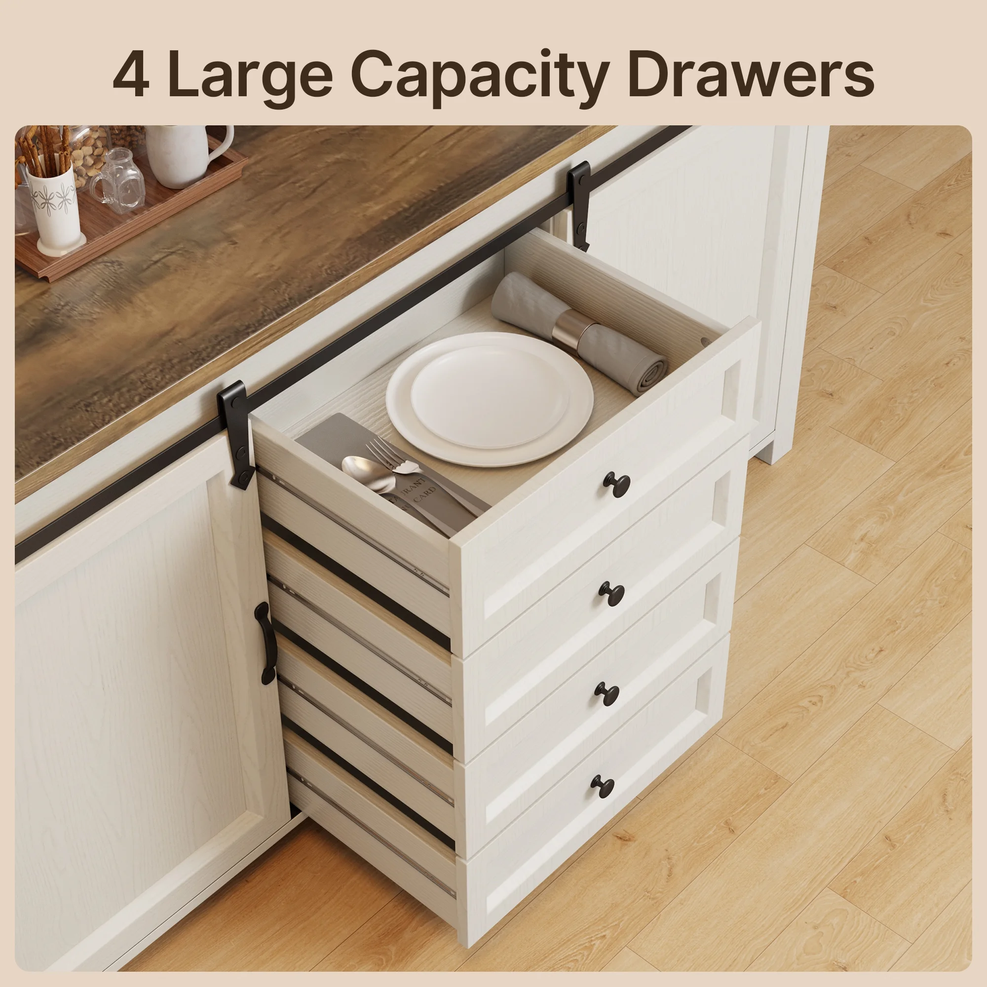 Coffee Bar Cabinet, 60" Buffet Cabinet with Storage, 2 Sliding Barn Doors 4 Drawers for Kitchen, White + Rustic Brown(Single) - Image 10