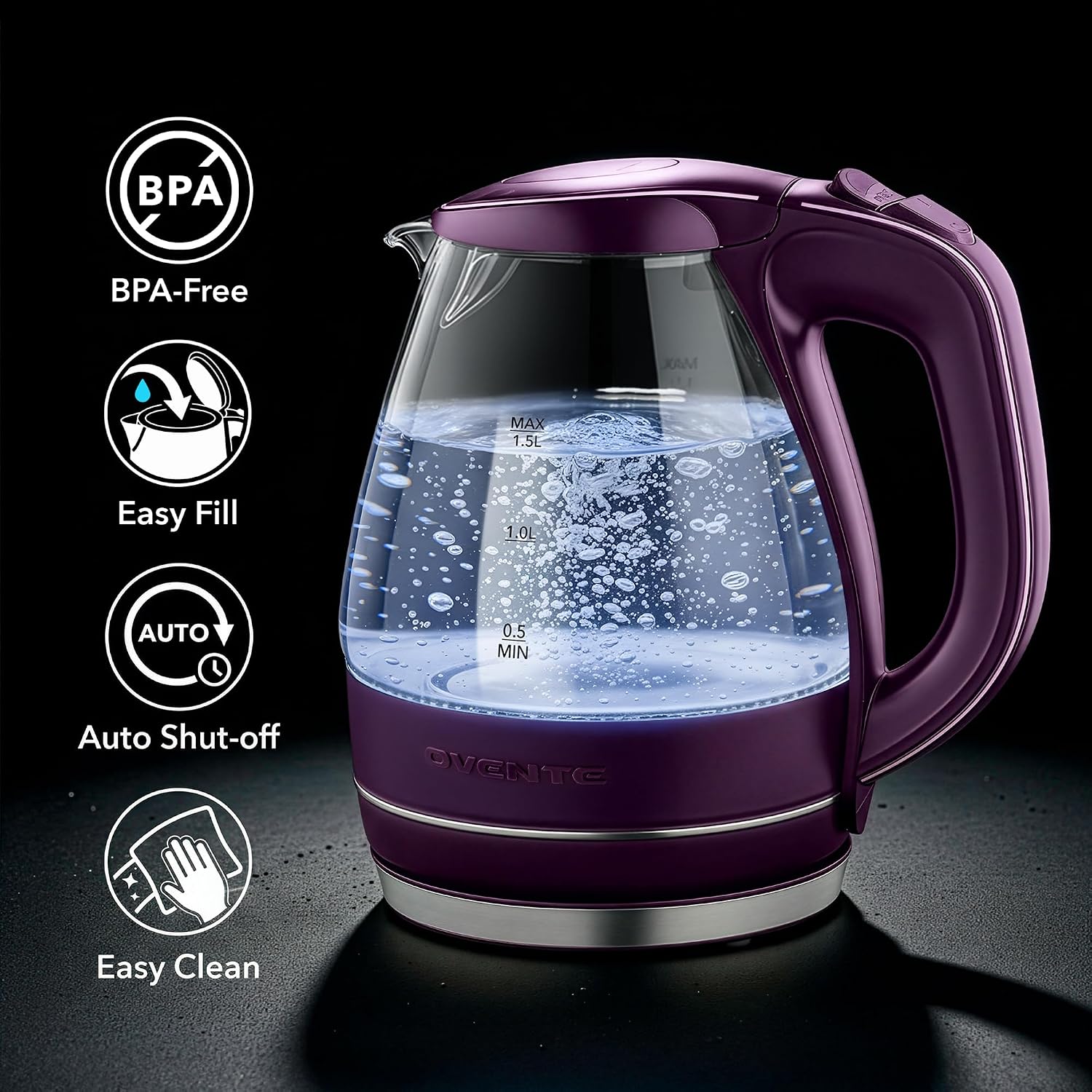 OVENTE 1.5L Glass Electric Kettle Water Boiler, Purple KG83P
