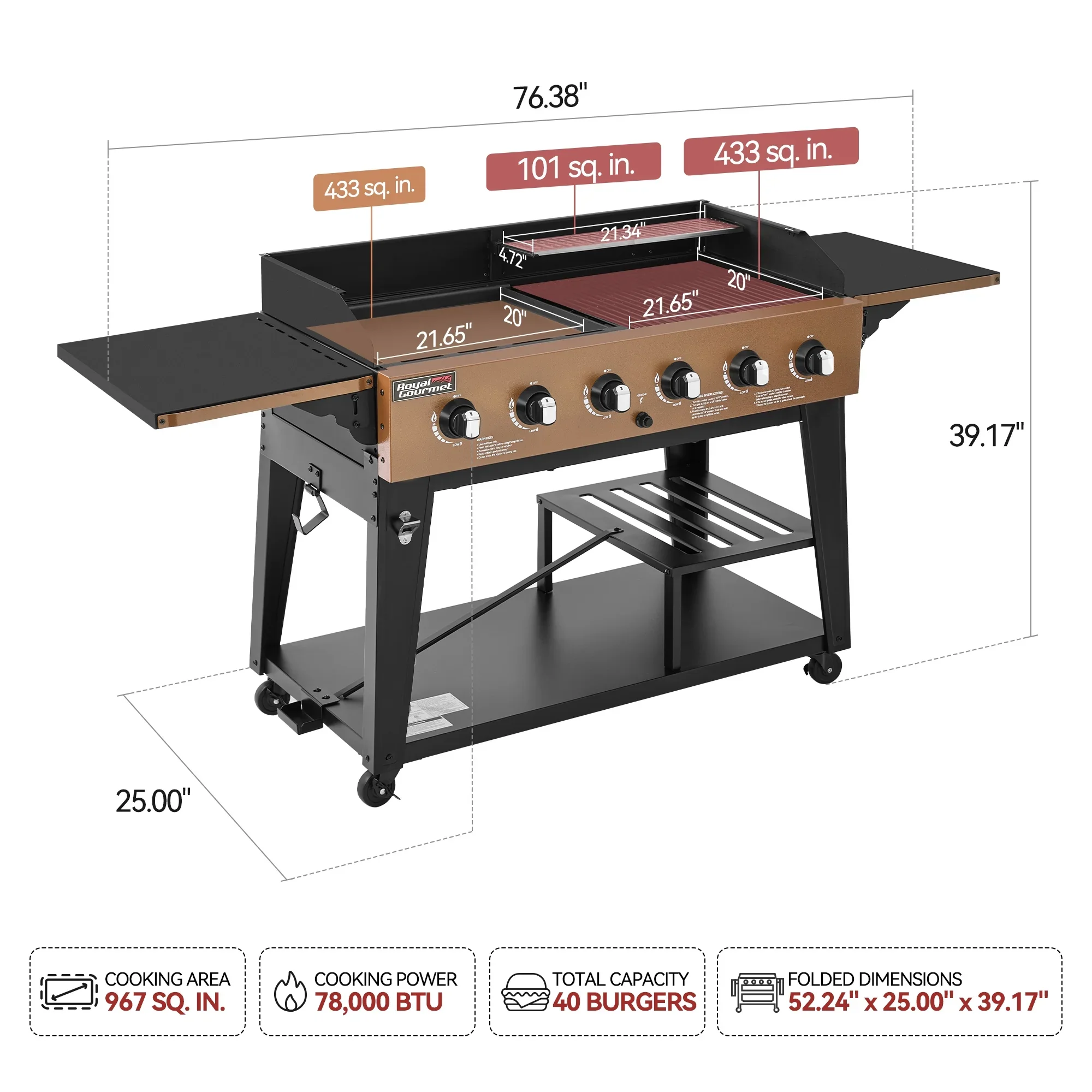 Royal Gourmet GD601Y 6-Burner Gas Grill and Griddle Combo, 2-in-1 Large Cooking Capacity Propane Grill & Griddle for Back Yard, Garden, Family Party, BBQ, Yellow