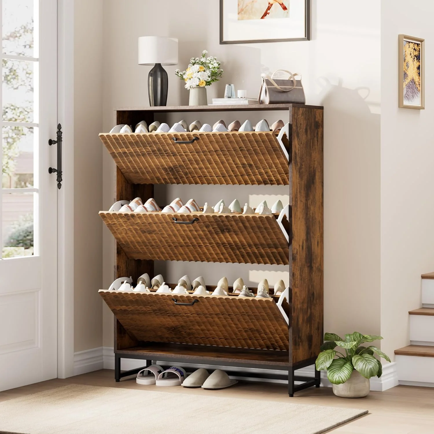 Meuble à chaussures Nicetree avec 2 tiroirs rabattables, meuble de rangement à chaussures autoportant, meuble à chaussures étroit