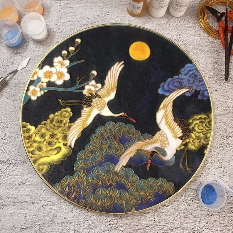 Blue Crowned Crane and Waves,Beginner Cloisonné Enamel DIY Kit, with Tutorial& All Tools