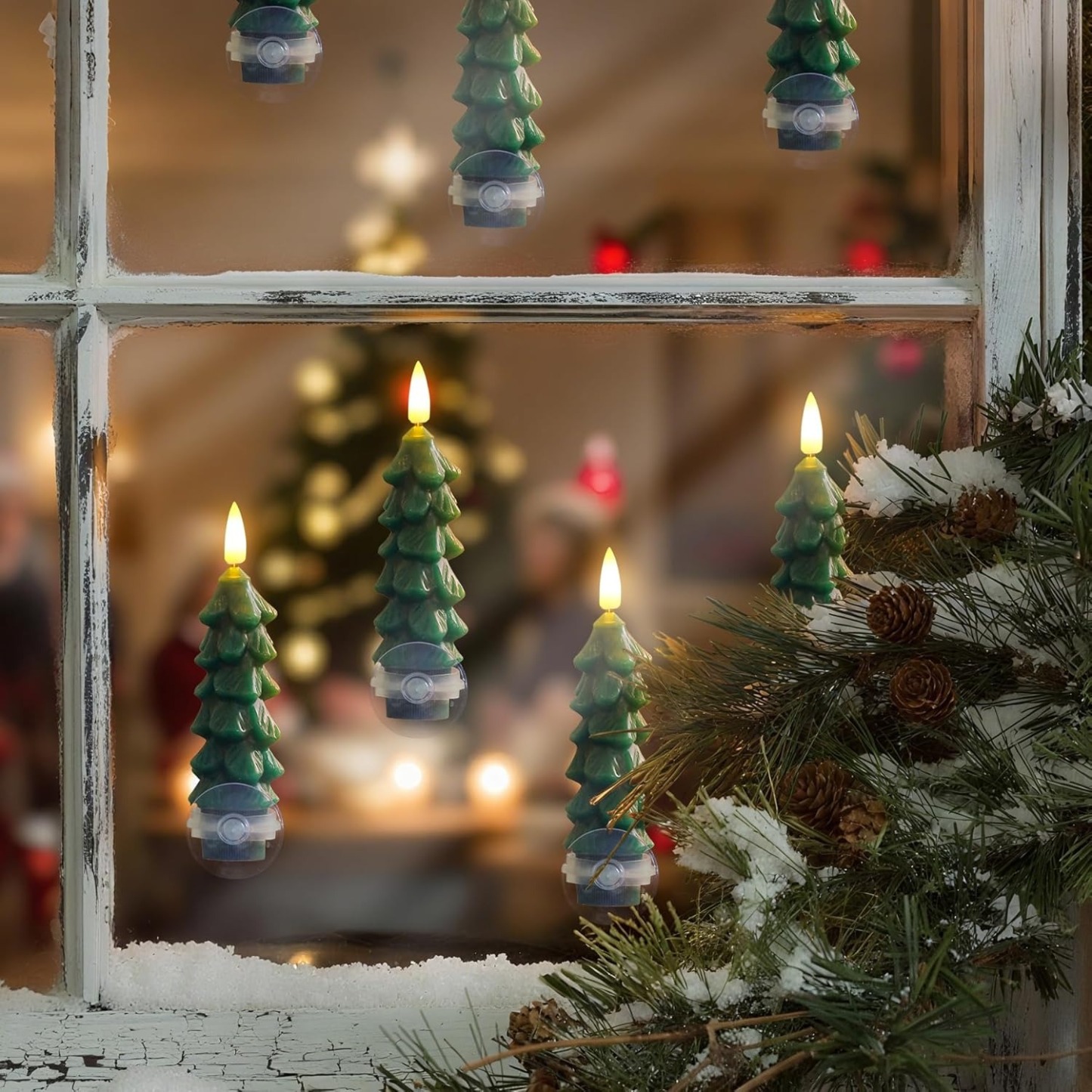 6pcs Tree Shaped Flameless Real Wax Green Taper Window Flickering Candles with Remote and Timer