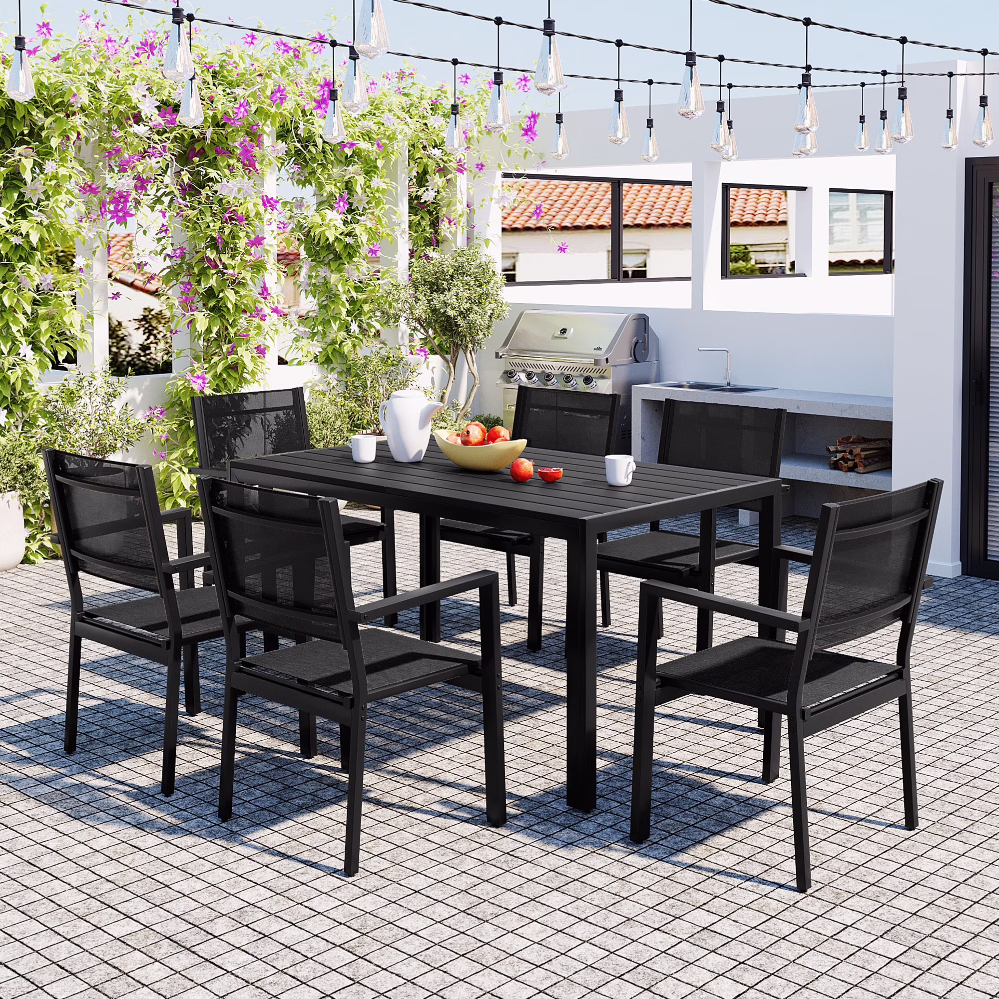 7 Piece Outdoor Dining Set, Patio Dining Table Set for 6 Persons, Garden Patio Textilene Dining Furniture Set with Plastic-Wood Tabletop, Dining Table Chairs Conversation Set for Deck Patio(Brown) - Image 3