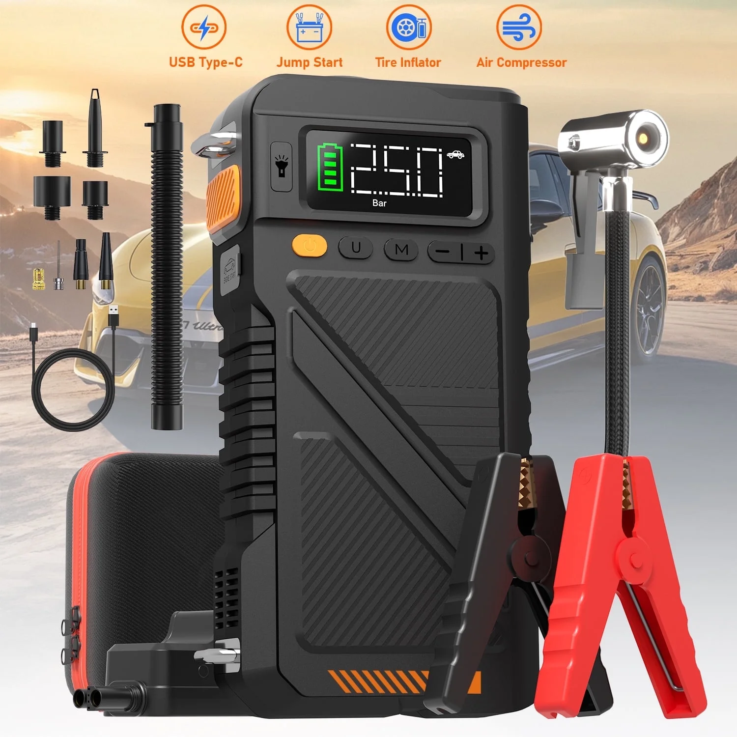 7000A Jump Starter with Air Inflator Deflator Compressor, 9-in-1 Portable 12V Car Battery Jump Box Power Pack for All Gas/12L Diesel Engine with 150PSI Tire Inflator Extended Jumper Cable - Image 8
