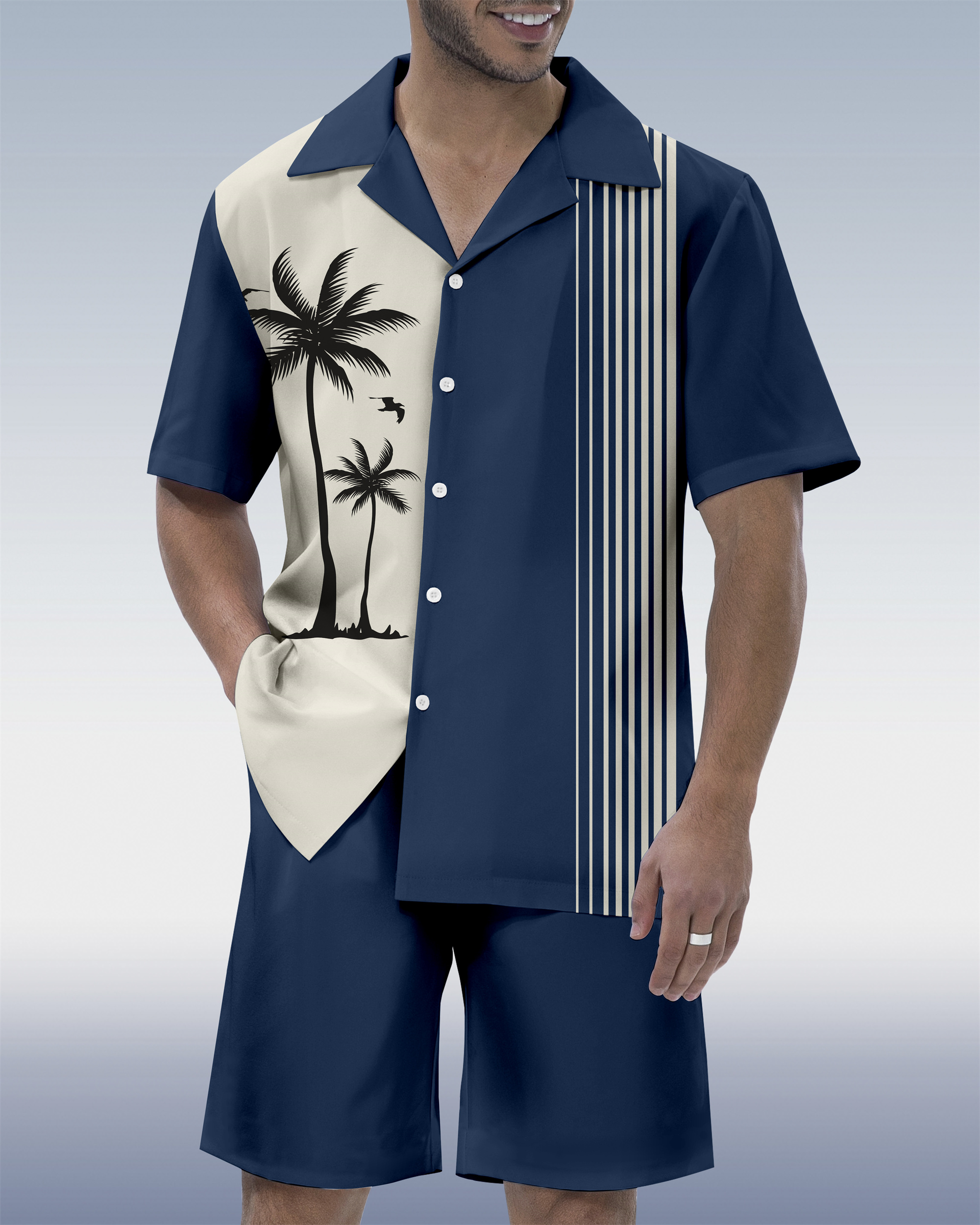 Ensemble chemise à manches courtes et col cubain imprimé tiki hawaïen pour homme 03