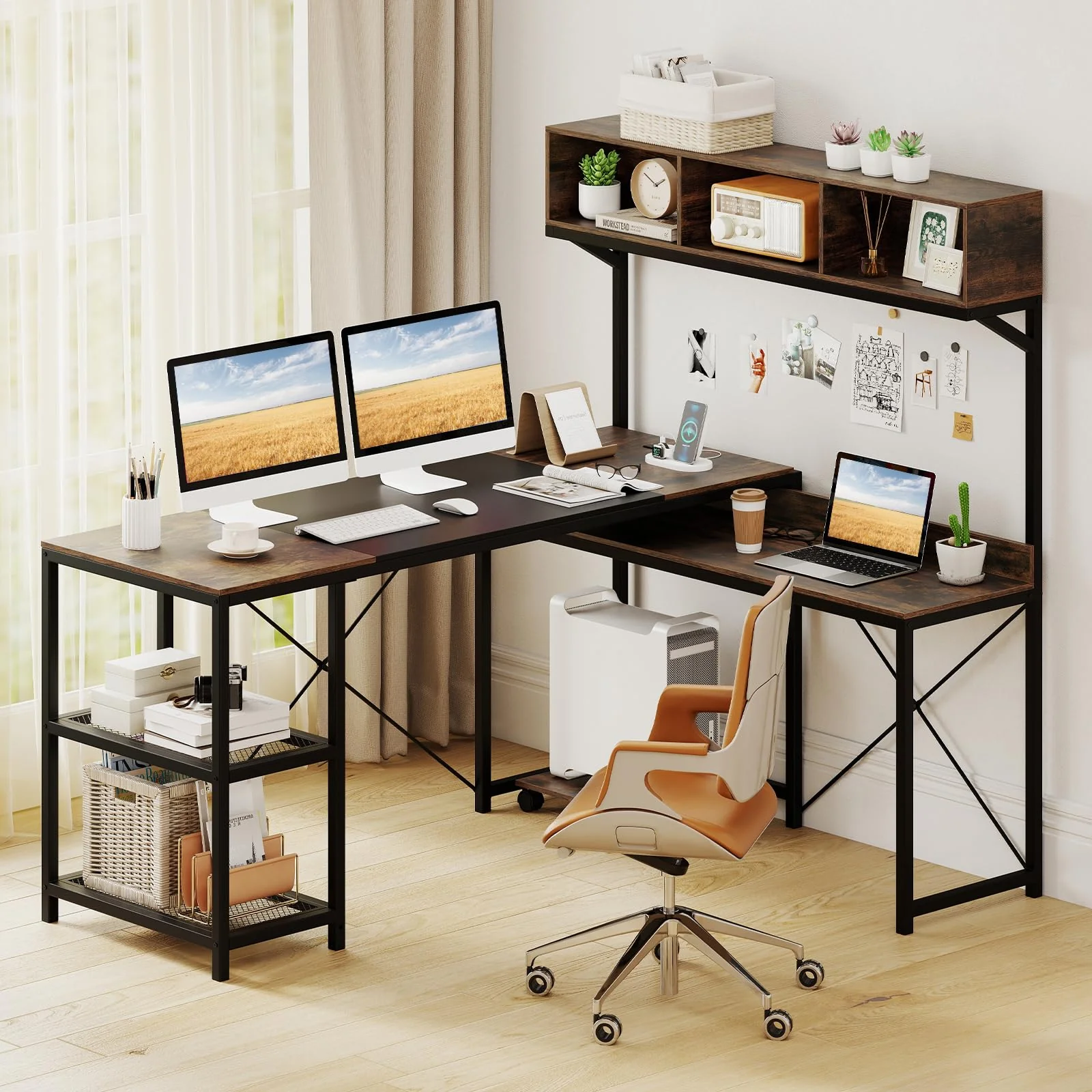 Tangkula L-Shaped Computer Desk with Power Outlets