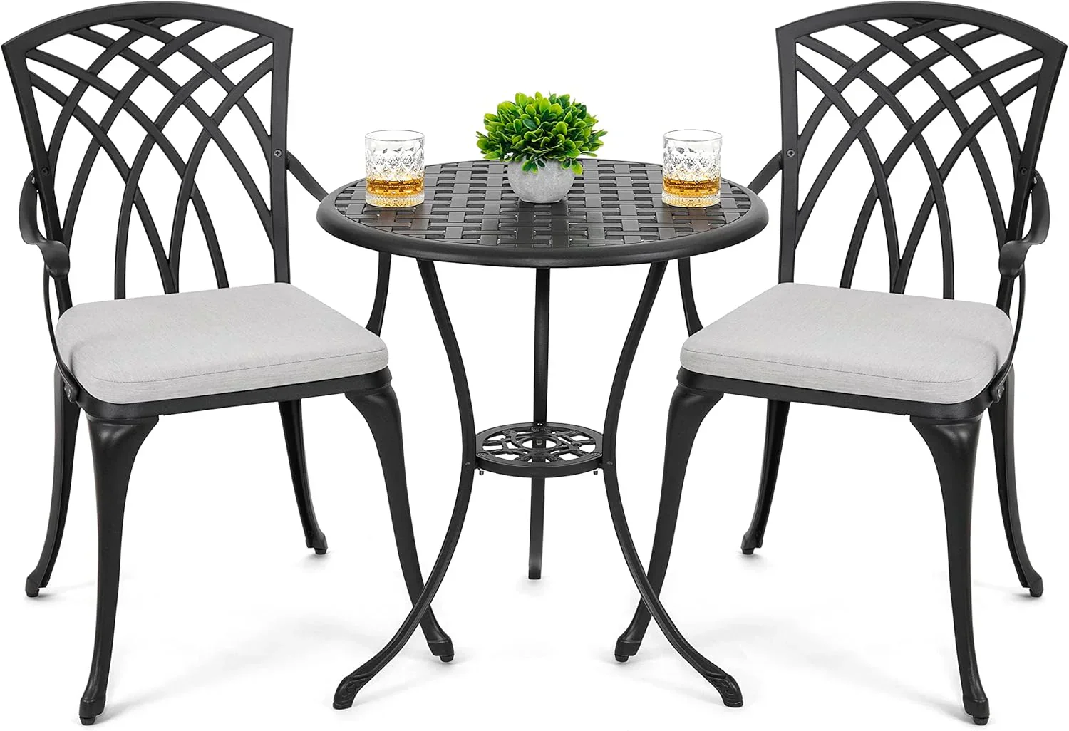 Ensemble bistro NUU GARDEN 3 pièces pour terrasse en aluminium moulé, comprenant une table et deux chaises.