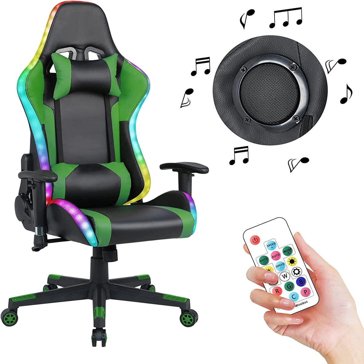 Gaming Chair with Speakers Video and RGB LED Lights, Pink PU Leather Ergonomic Racing Office Chair(Blue) Image 6