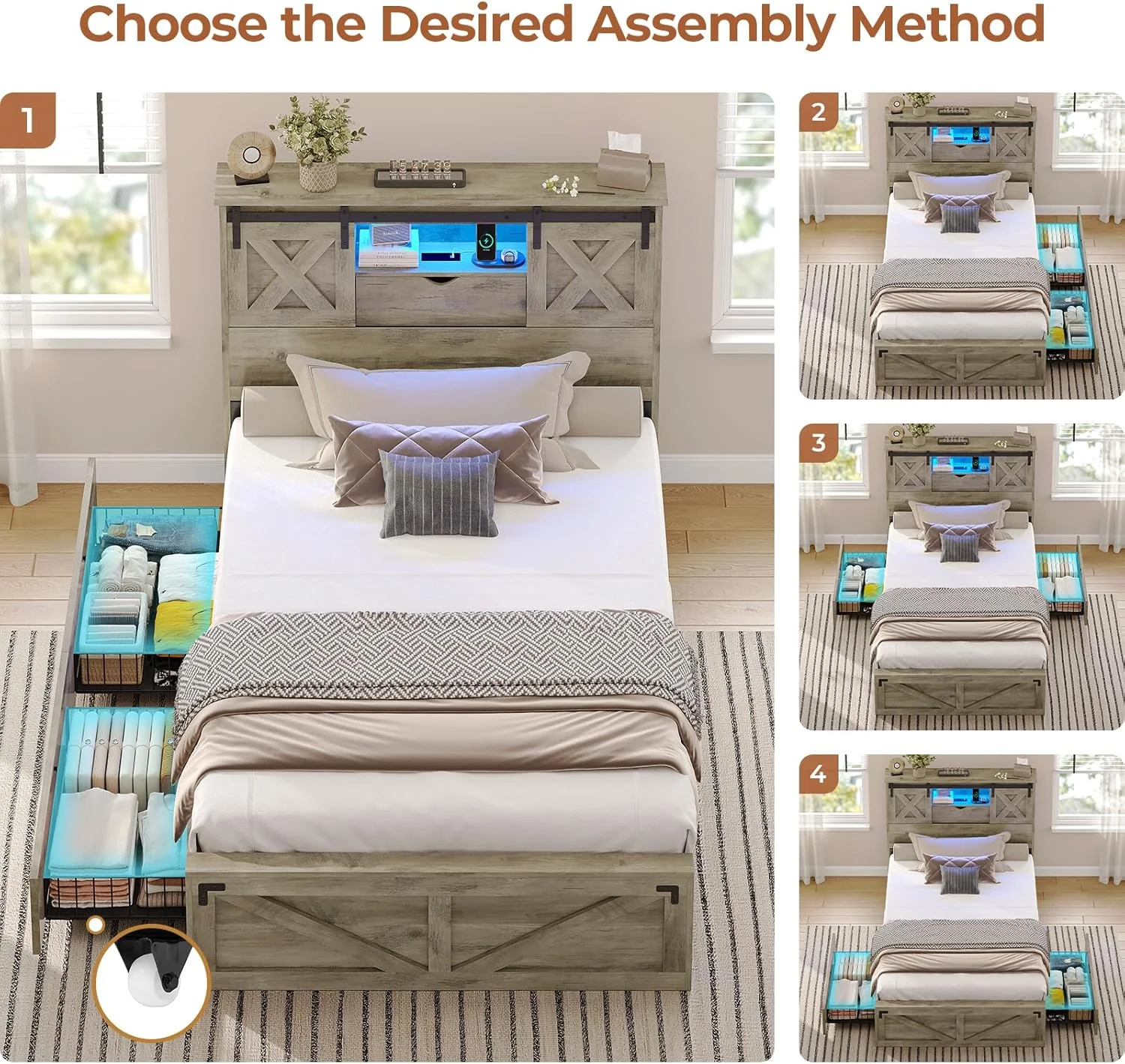 Twin XL Size Bed Frame with Headboard and Drawers, Farmhouse Twin XL Platform Bed Frame with LED Lights and Charging Station, No Box Spring Needed,Gray(Twin-XL) - Image 4