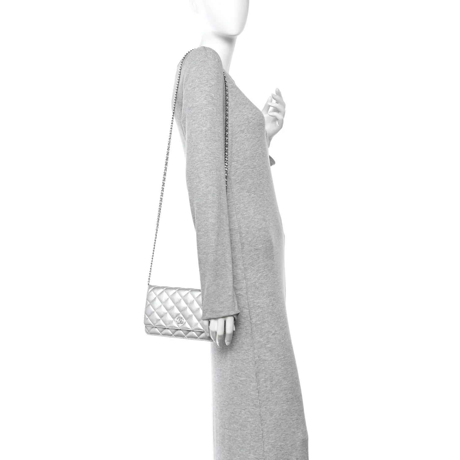 Metallic Lambskin Quilted Wallet On Chain WOC Silver