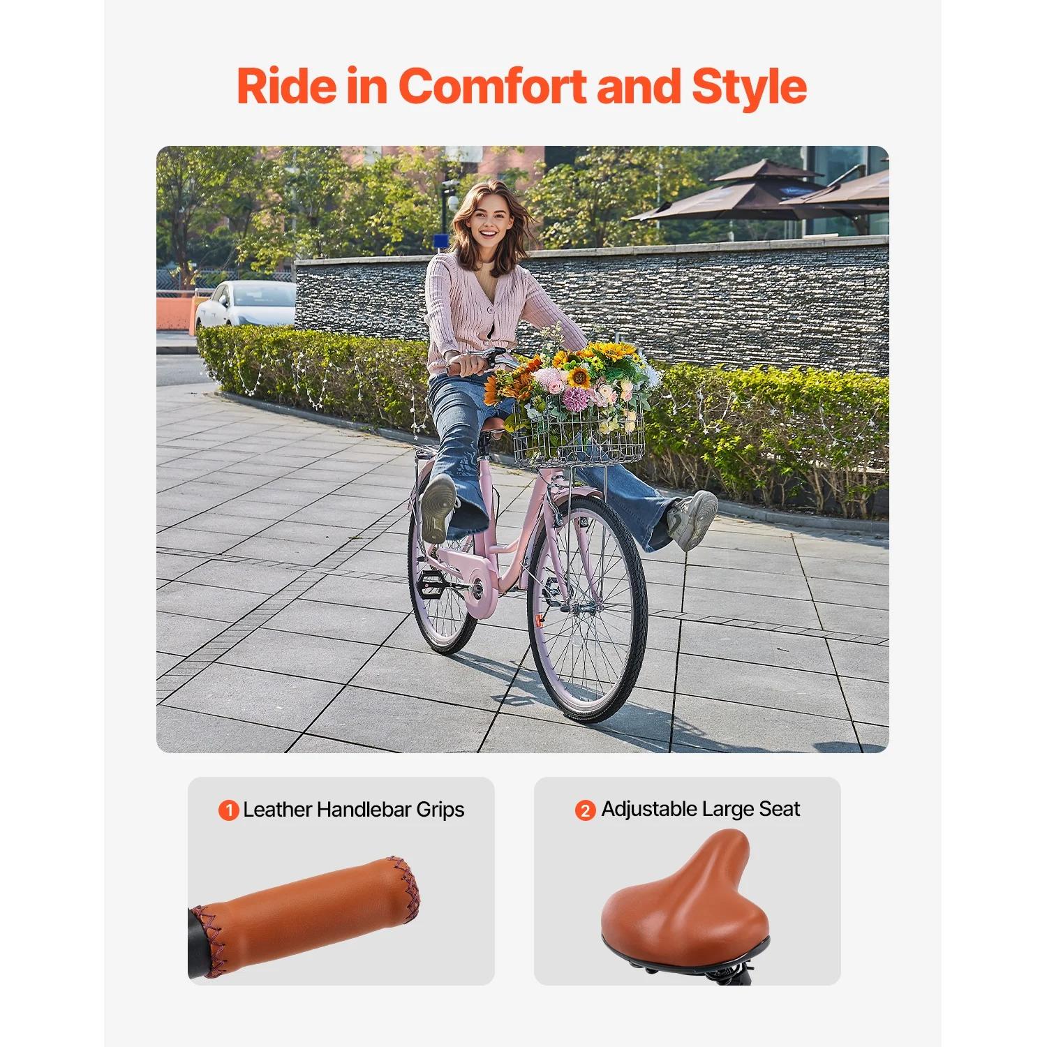26" Cruiser Bike, Single Speed,Rose-Colored Seaside Cycling Bike with Spacious Basket and Back Stand, Reliable Robust Leisure Bicycle with Modifiable Saddle - Image 3