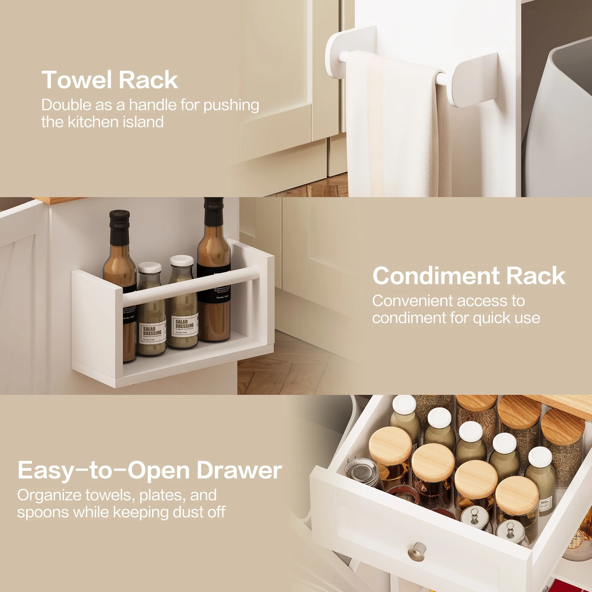 48" Kitchen Island Cart with Drop Leaf, 10 Gallon Storage and Tilt Out Trash Can Cabinet, Portable Kitchen Island with Wheels Drawer and Adjustable Shelves for Kitchen, White(White) - Image 7
