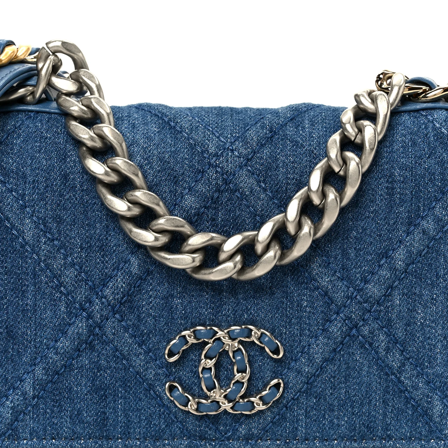Denim Quilted Chanel 19 Wallet On Chain WOC Blue