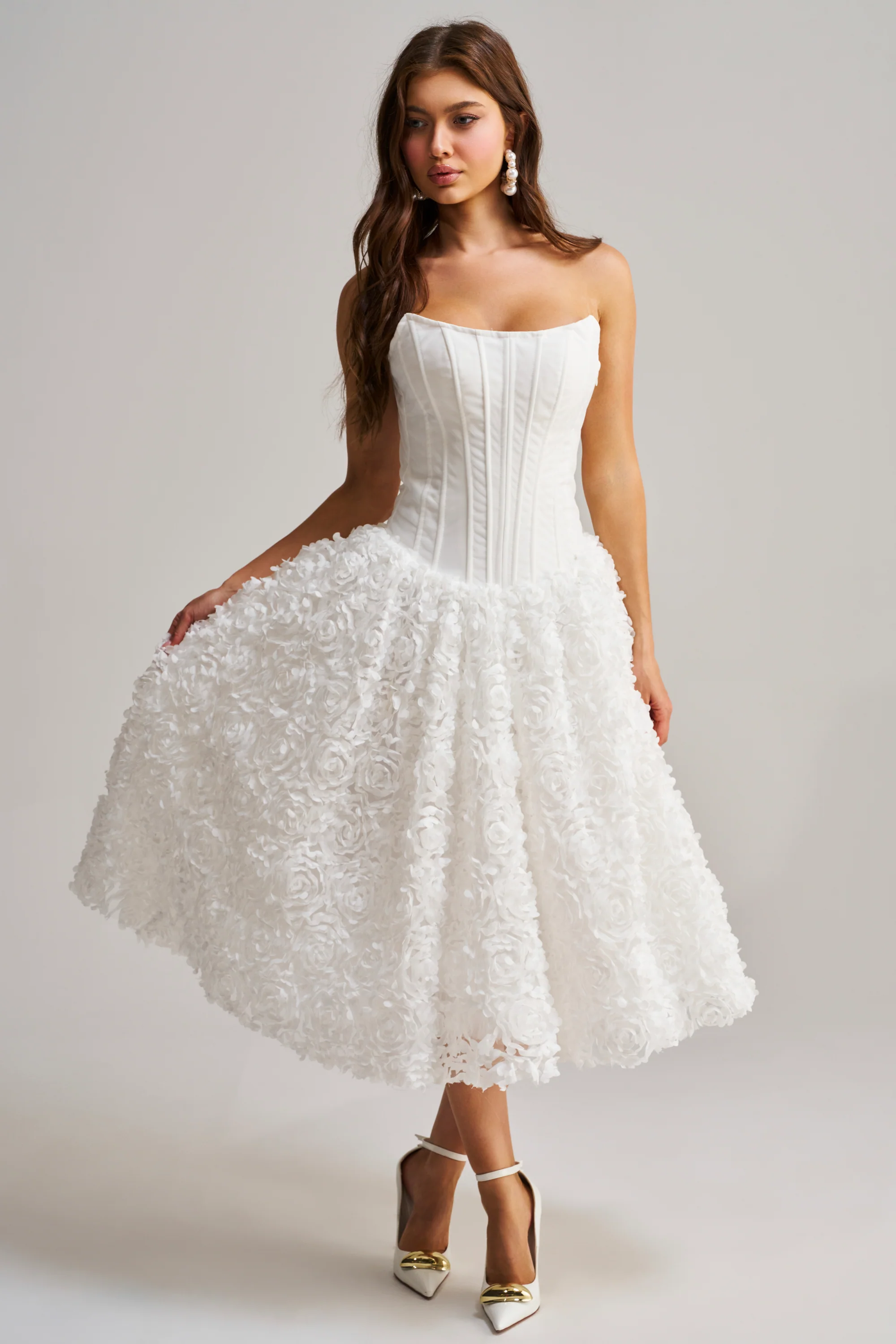 FIND ME LATER FLORAL CORSET MIDI DRESS IN WHITE - Akira Store