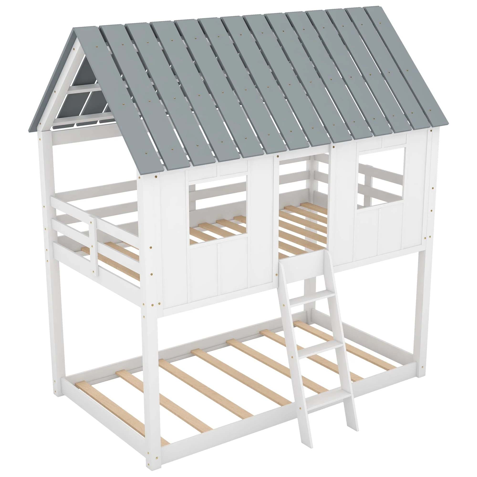 Twin over Twin Low Bunk Bed with Roof and Guardrail for Kids Room, White - Image 6