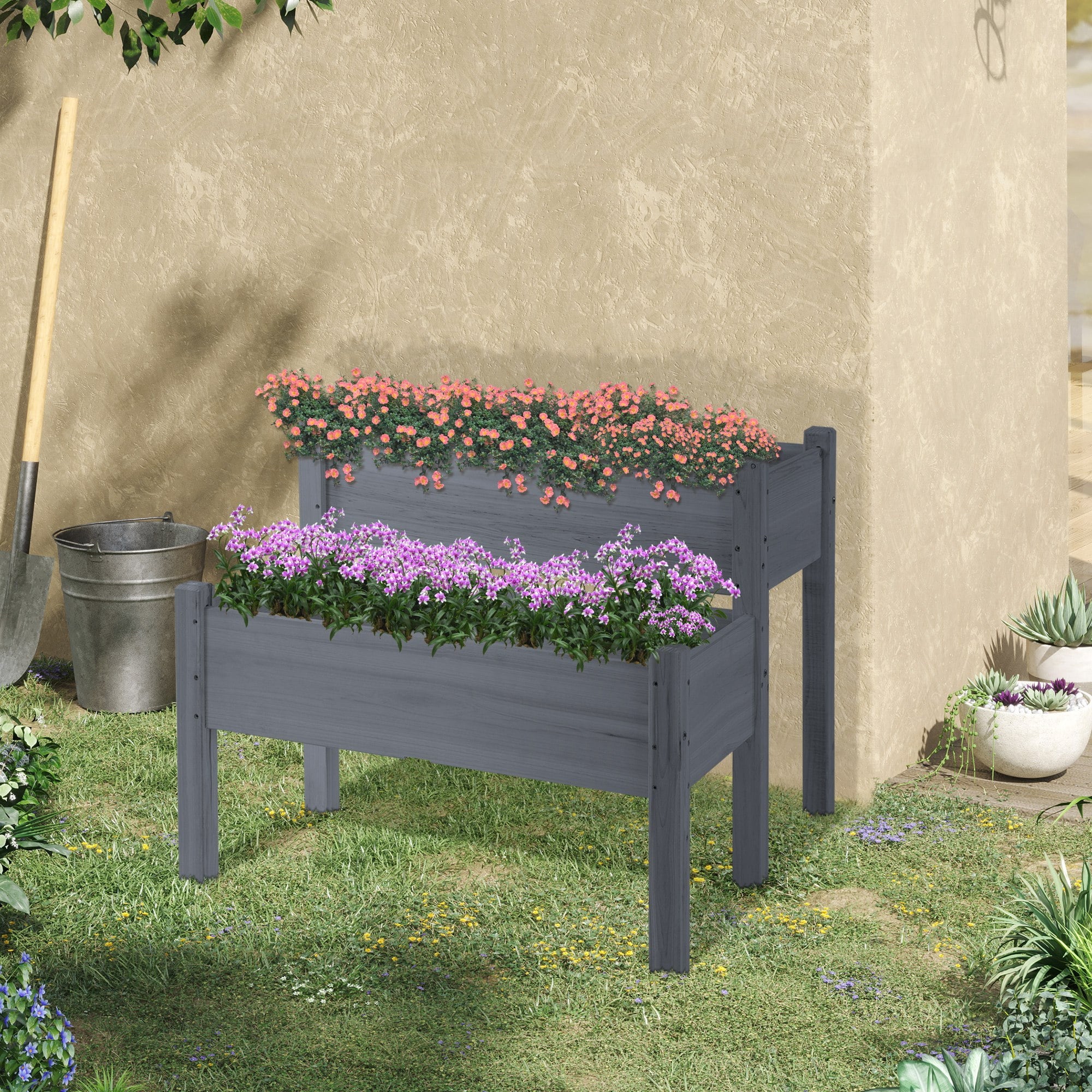 QISHENSHUI 2-Tier Raised Garden Bed 34x34x28 �C Elevated Wood Planter Stand with Deep Grow Box for Healthy Root Development & Back-Friendly Gardening, Gray