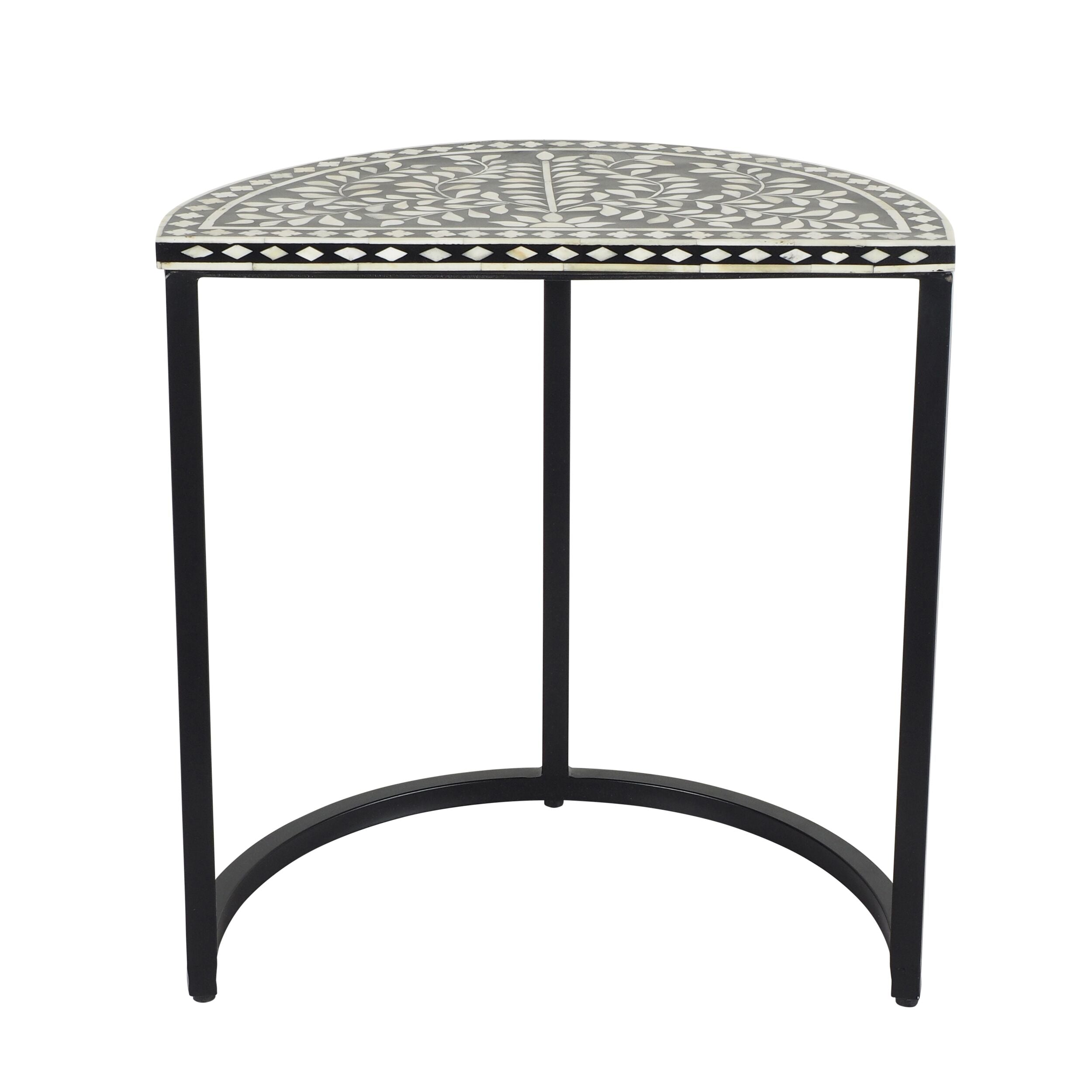 Bone Inlay Half Moon Side Table Black with Black Frame 44cm